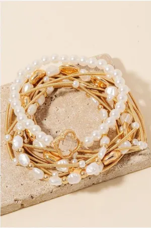 CB2215 Pearl Bead and Metallic Layered Bracelet Set