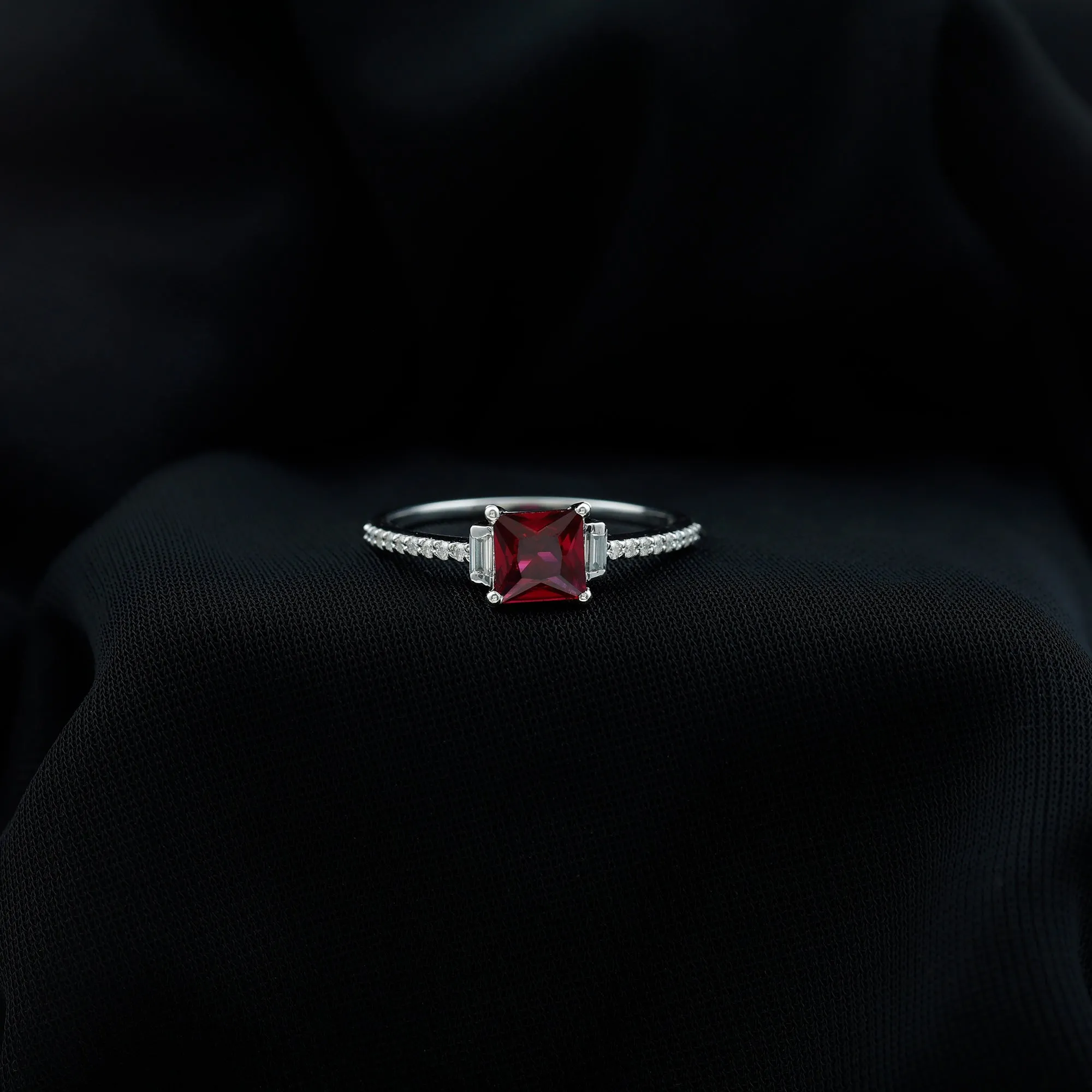 Claw Set Created Ruby Engagement Ring With Diamond