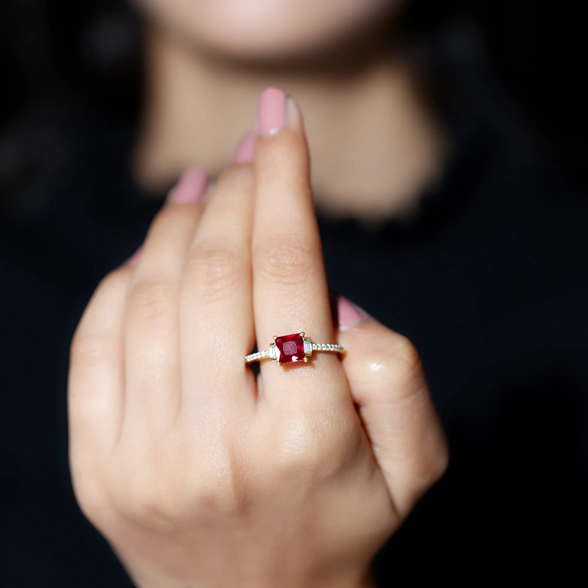 Claw Set Created Ruby Engagement Ring With Diamond