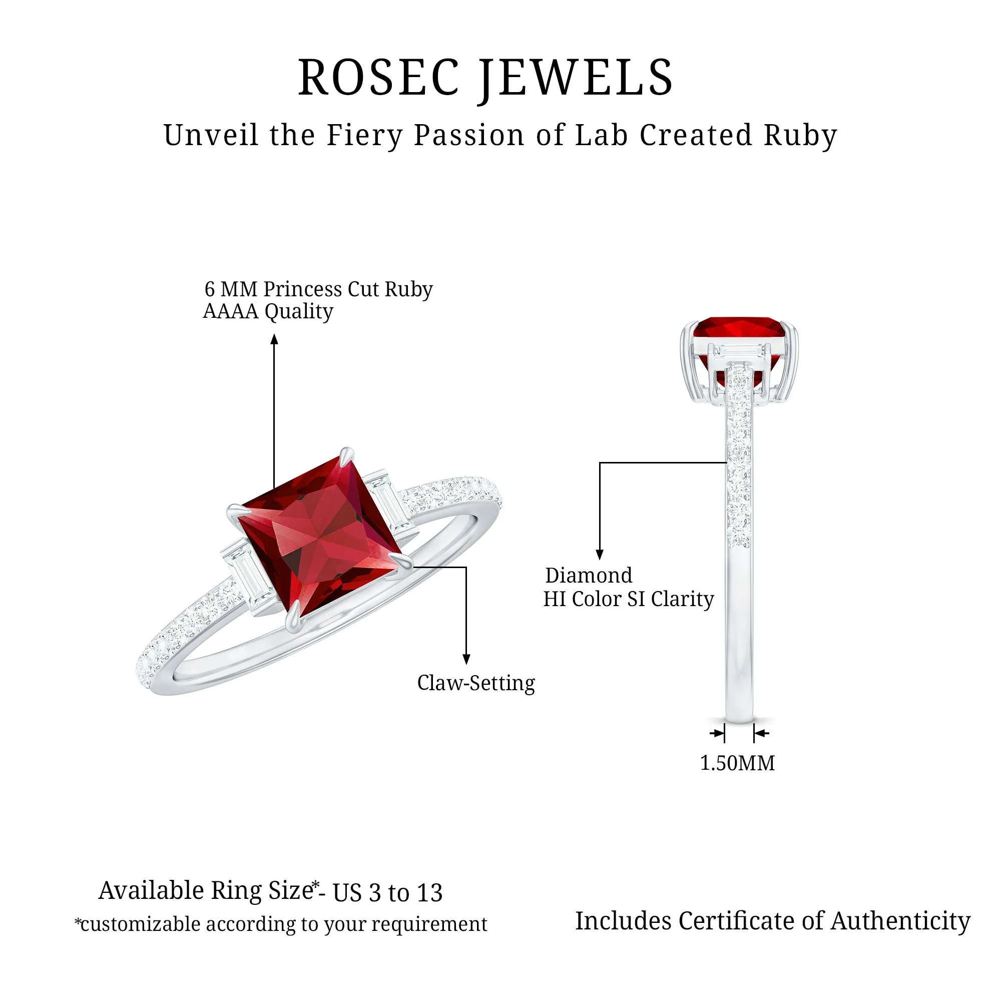 Claw Set Created Ruby Engagement Ring With Diamond