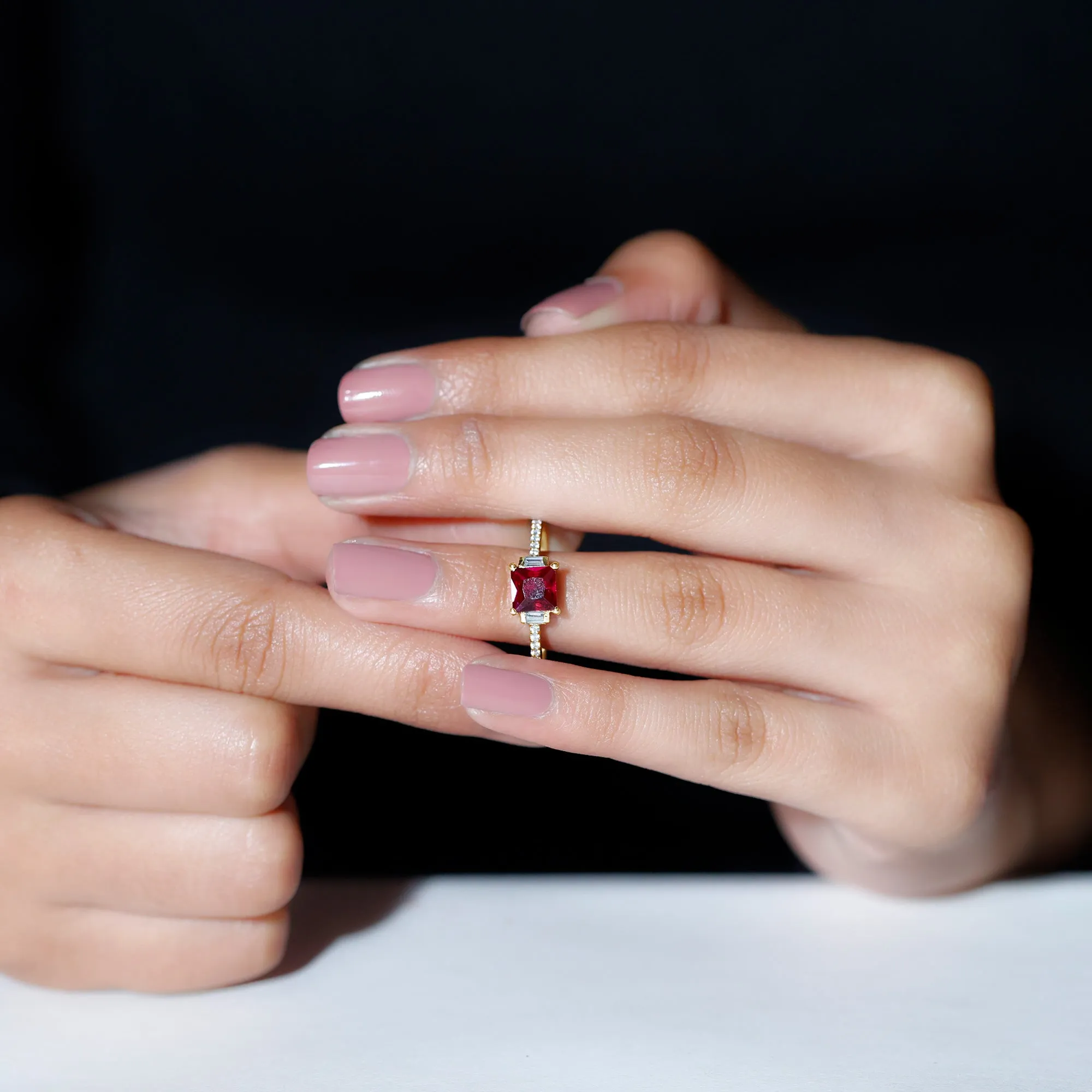 Claw Set Created Ruby Engagement Ring With Diamond