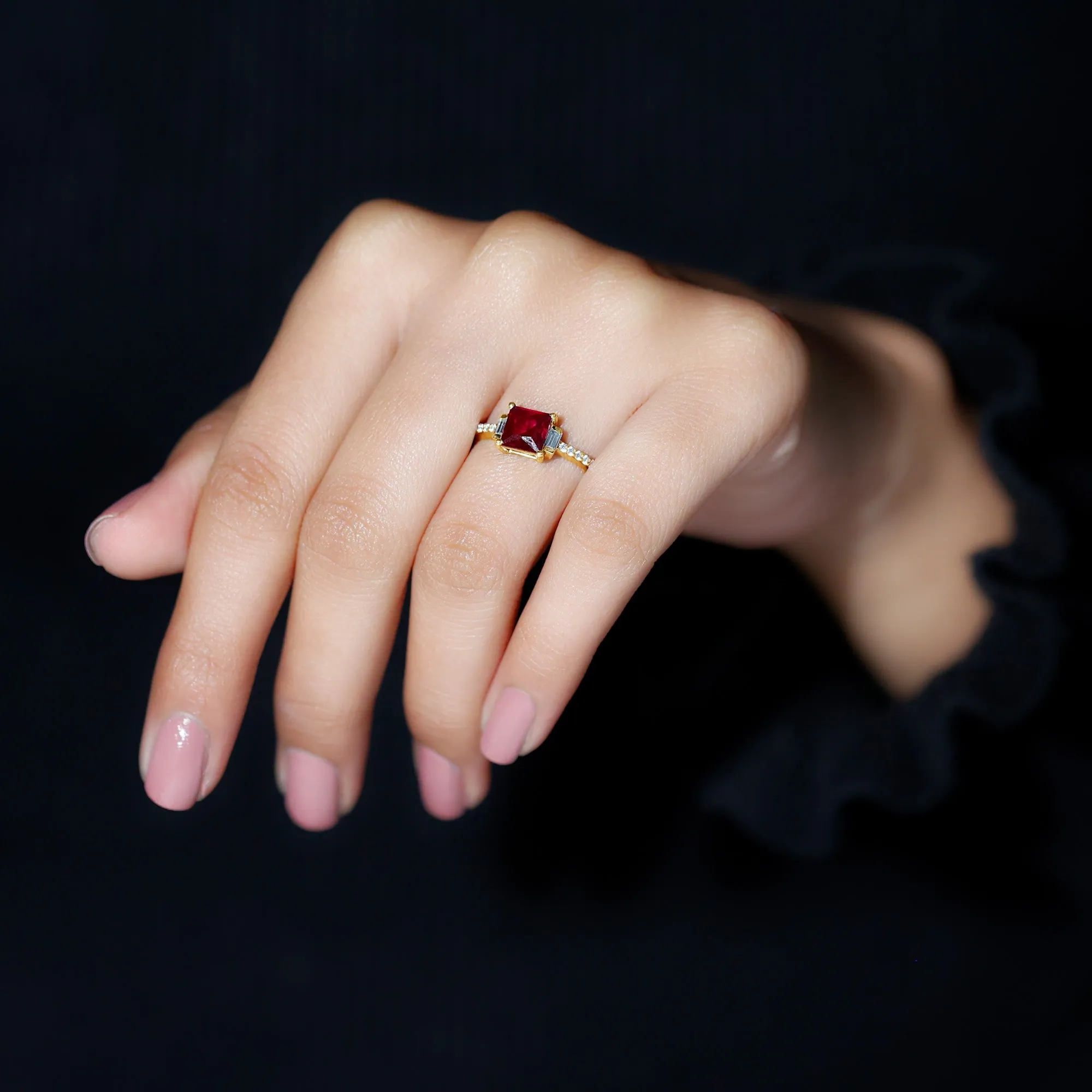 Claw Set Created Ruby Engagement Ring With Diamond