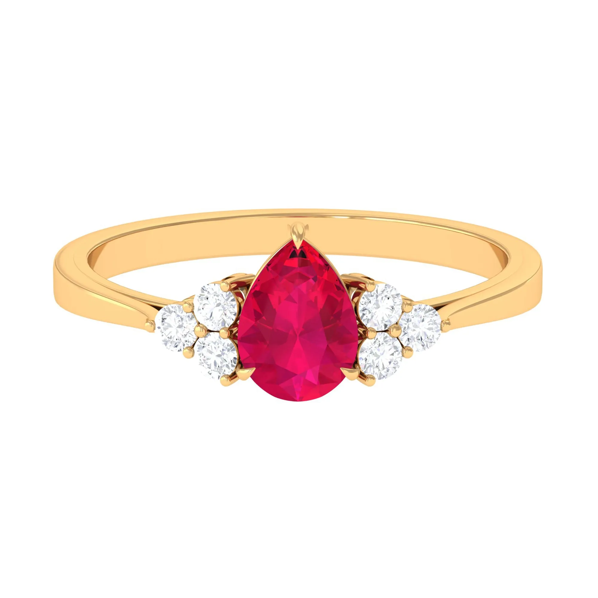 Claw Set Ruby Pear Solitaire Ring with Diamond Trio