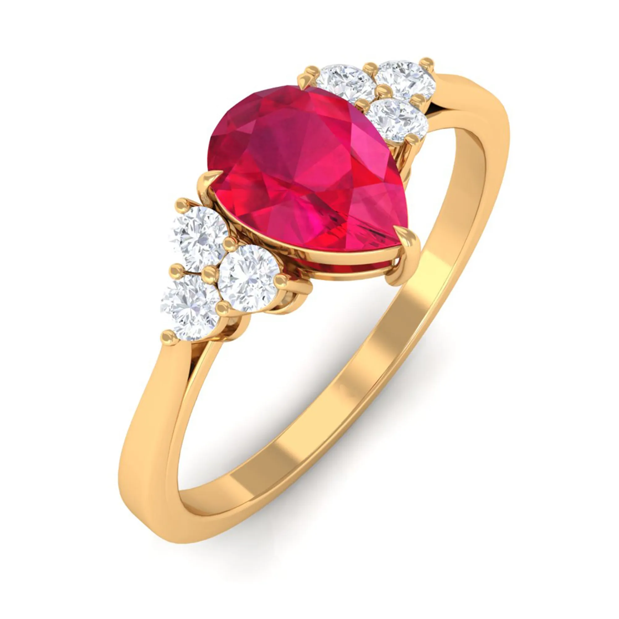 Claw Set Ruby Pear Solitaire Ring with Diamond Trio
