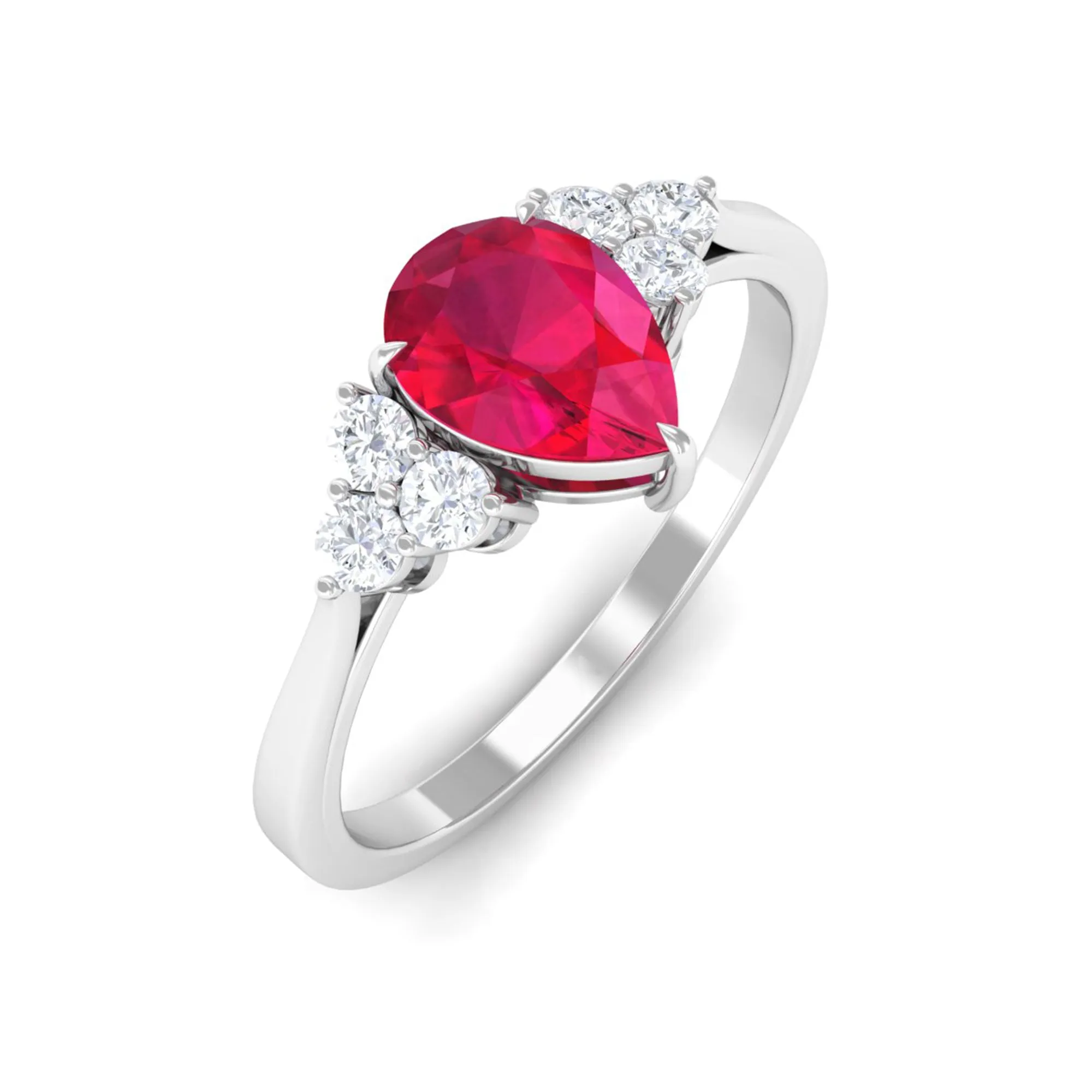 Claw Set Ruby Pear Solitaire Ring with Diamond Trio