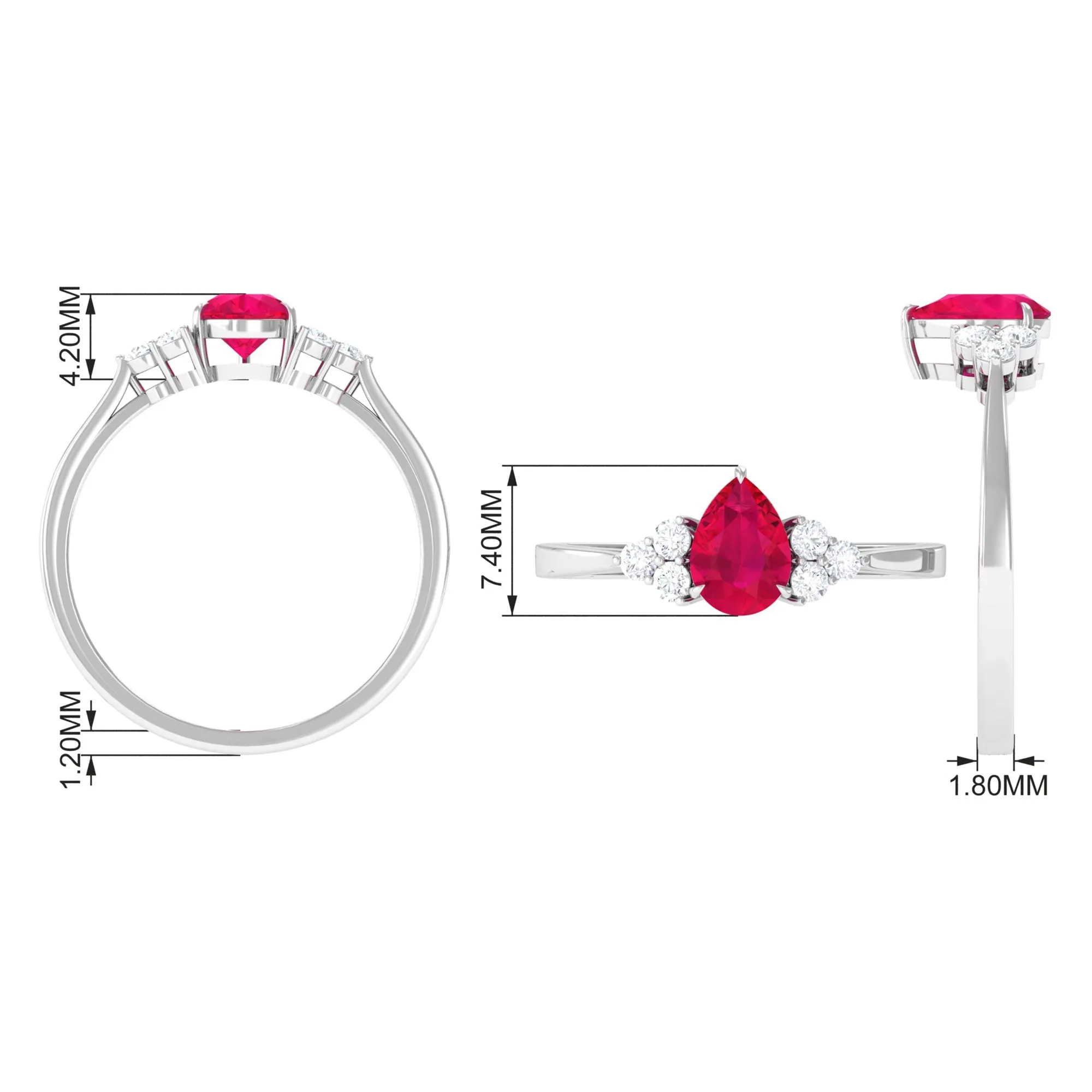 Claw Set Ruby Pear Solitaire Ring with Diamond Trio