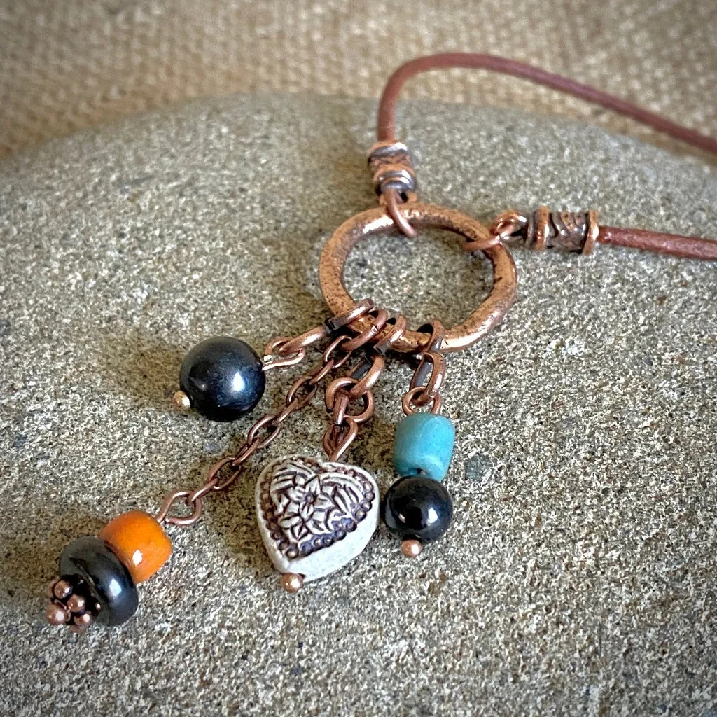 Copper Hoop Necklace with Shungite, Recycled Glass & Ceramic Beads