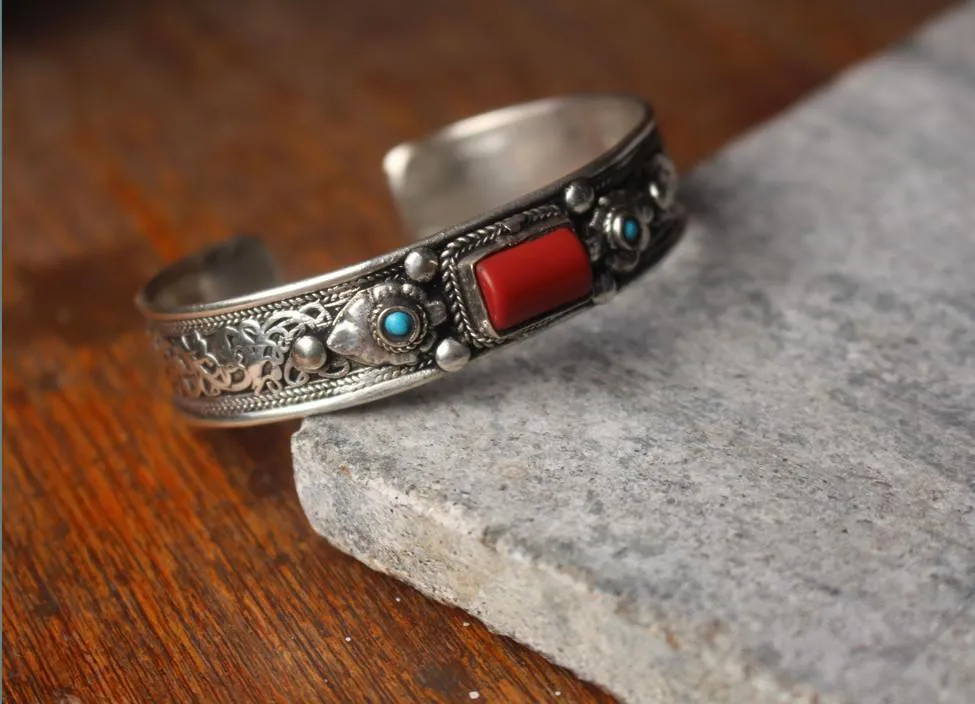 Coral Filigree Tibetan Silver-plated Bracelet