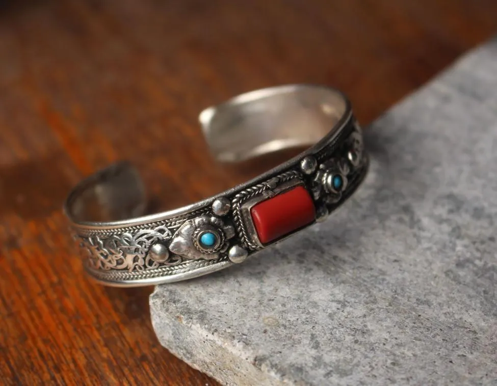 Coral Filigree Tibetan Silver-plated Bracelet