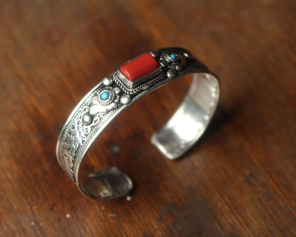 Coral Filigree Tibetan Silver-plated Bracelet