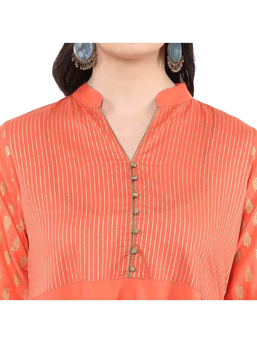 Coral Pink Festive Ajrakh Hand Block Printed Cotton Anarkali - Bhor