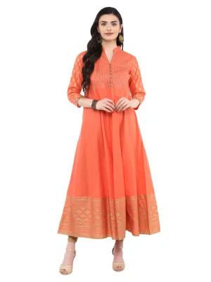 Coral Pink Festive Ajrakh Hand Block Printed Cotton Anarkali - Bhor