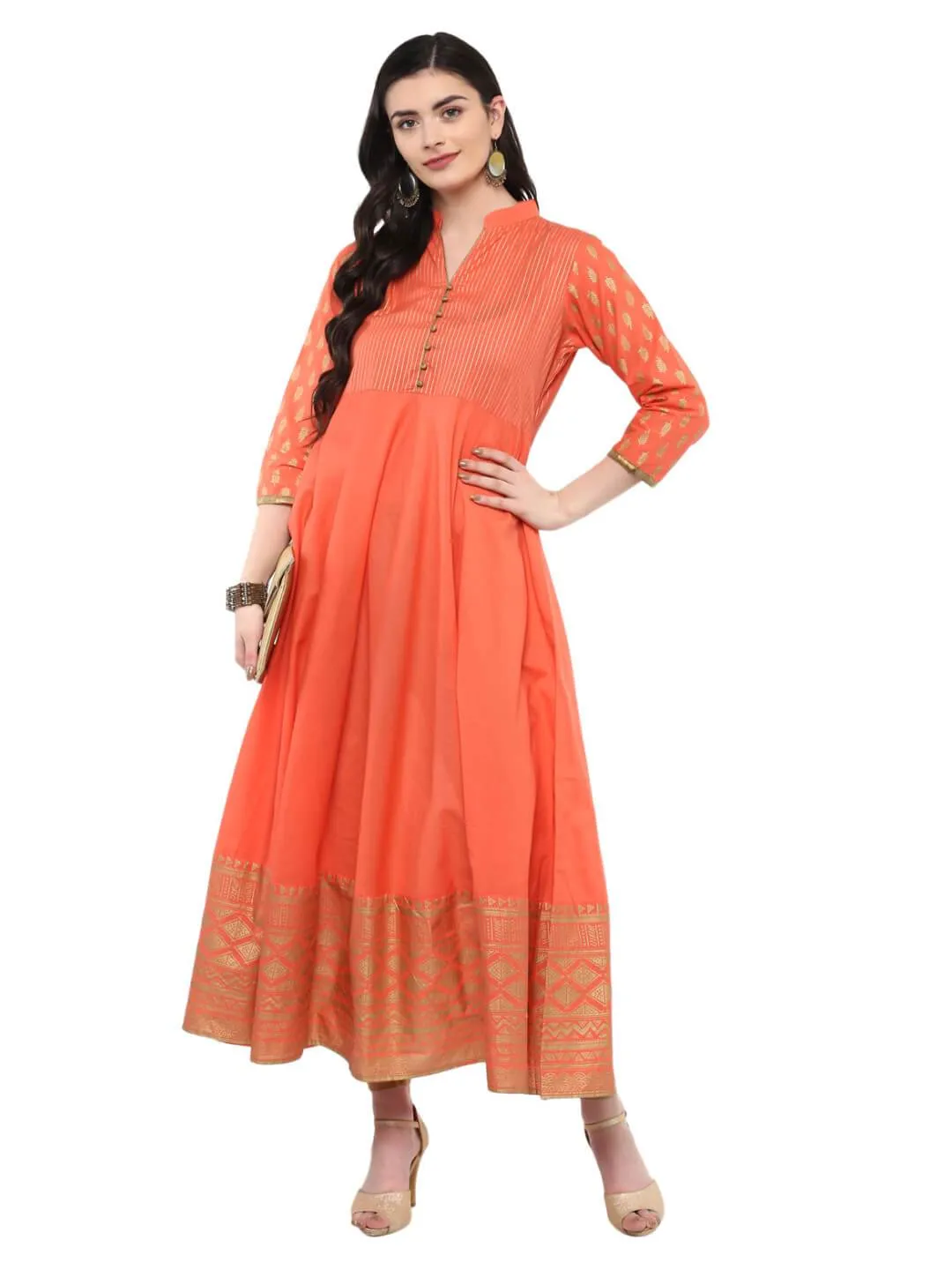 Coral Pink Festive Ajrakh Hand Block Printed Cotton Anarkali - Bhor