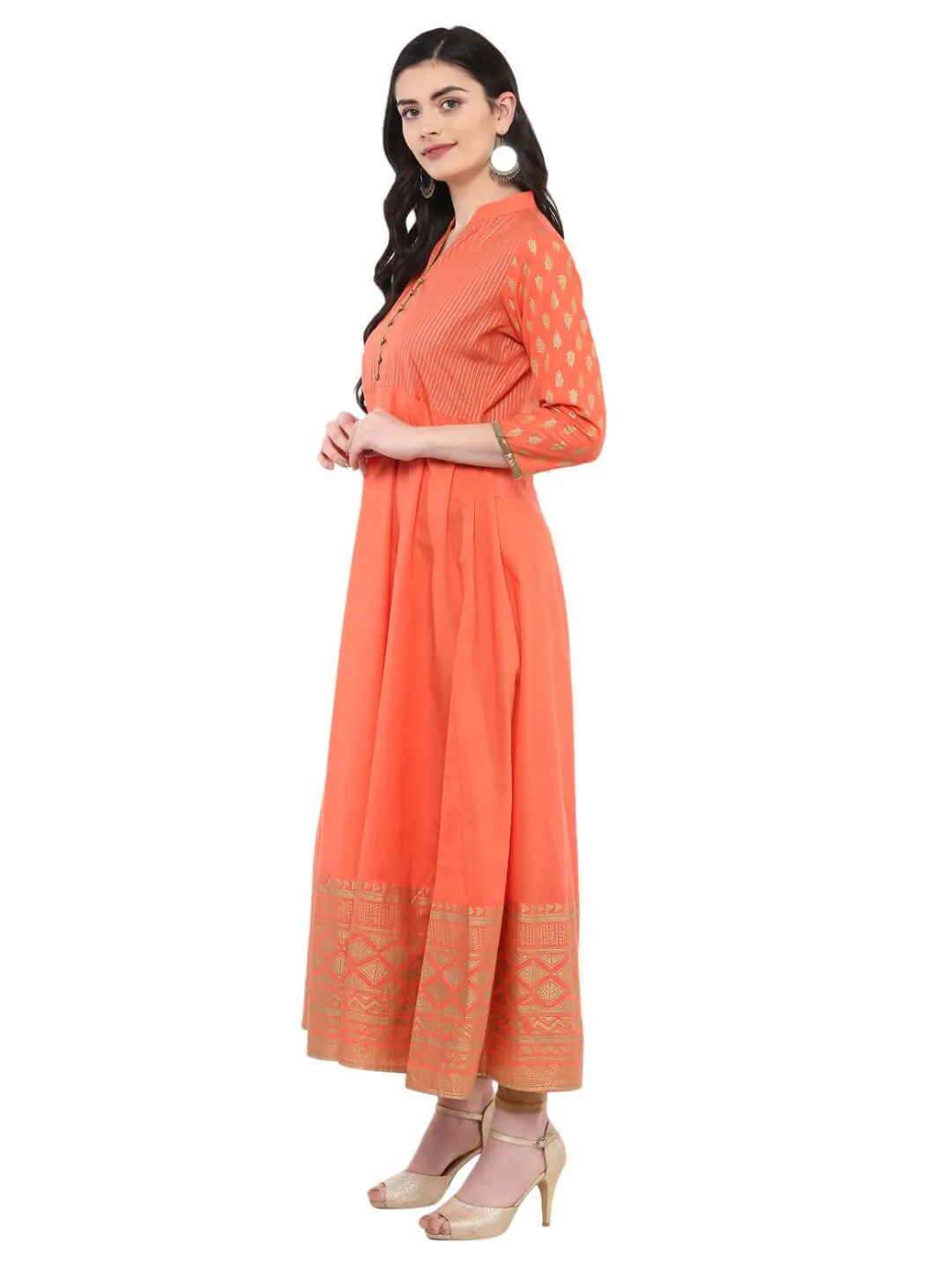 Coral Pink Festive Ajrakh Hand Block Printed Cotton Anarkali - Bhor