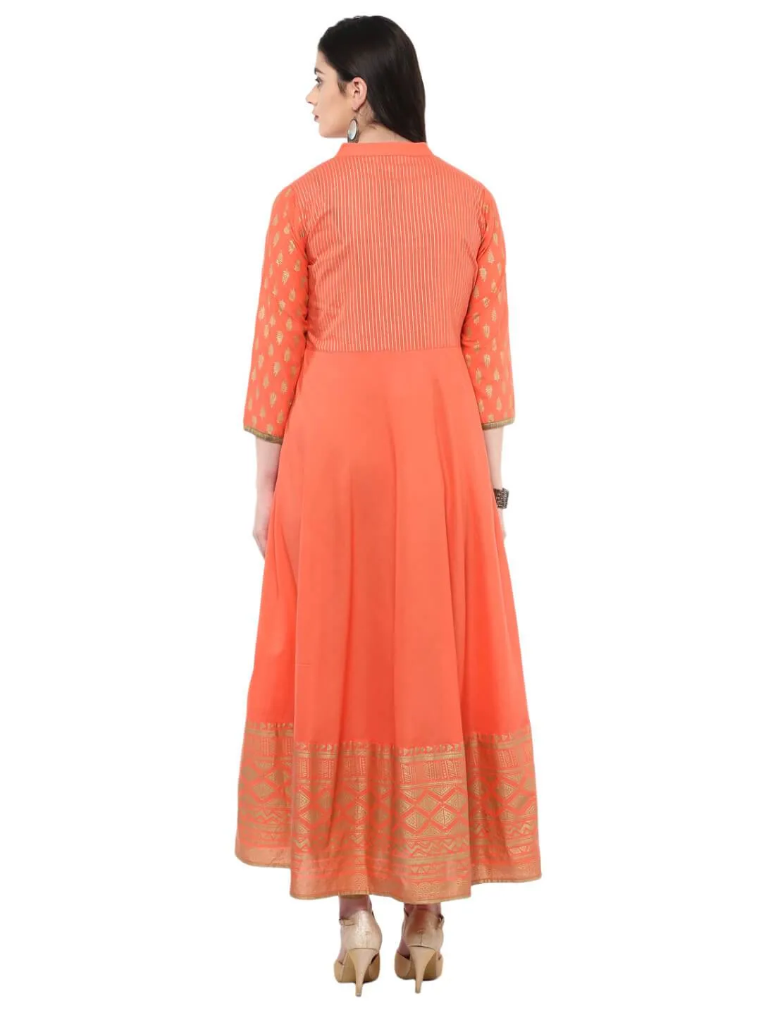 Coral Pink Festive Ajrakh Hand Block Printed Cotton Anarkali - Bhor