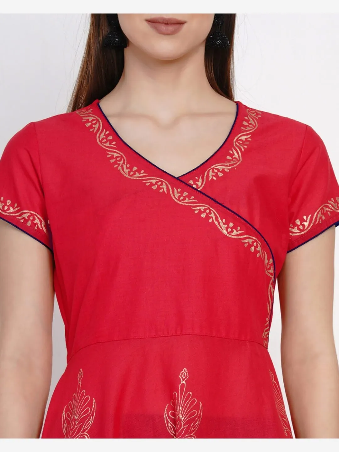 Coral Red Overlap Ajrakh Hand Block Cotton Printed Anarkali - Inayat