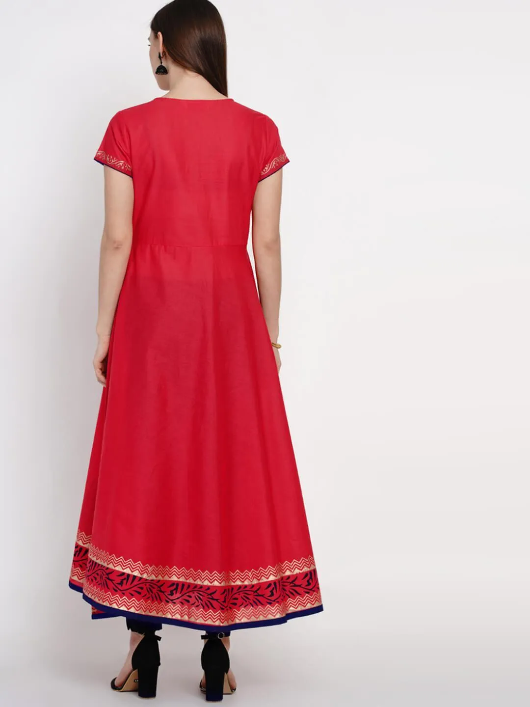Coral Red Overlap Ajrakh Hand Block Cotton Printed Anarkali - Inayat