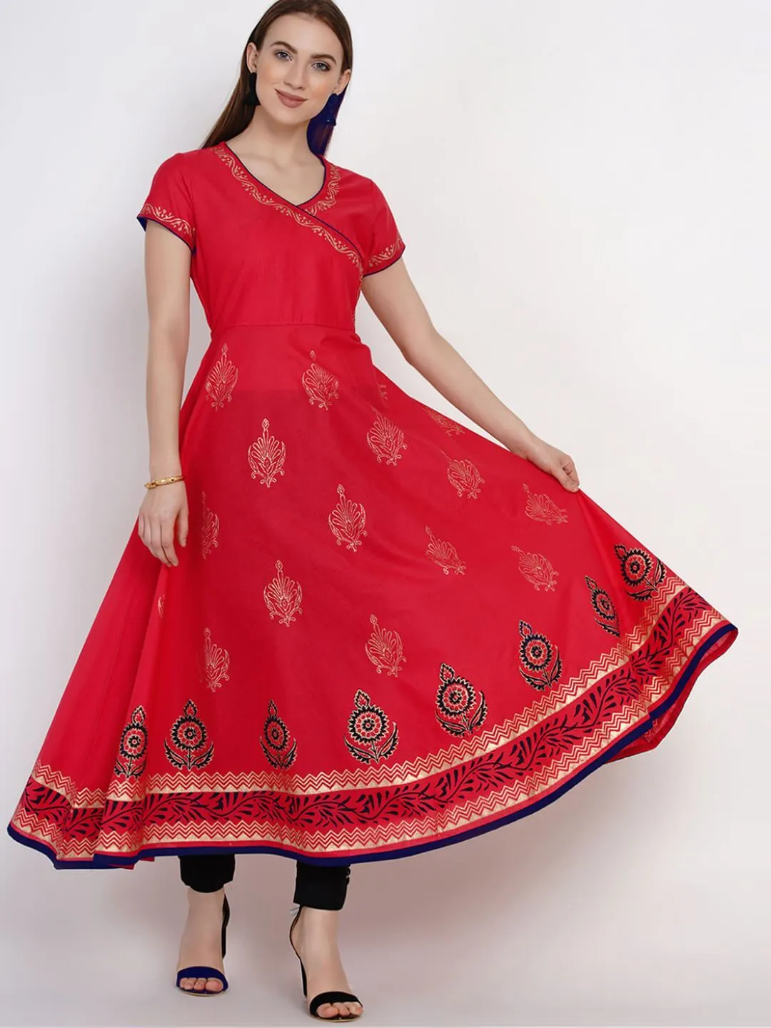 Coral Red Overlap Ajrakh Hand Block Cotton Printed Anarkali - Inayat