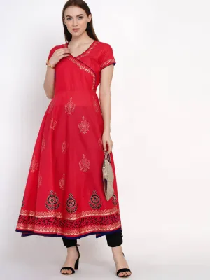 Coral Red Overlap Ajrakh Hand Block Cotton Printed Anarkali - Inayat