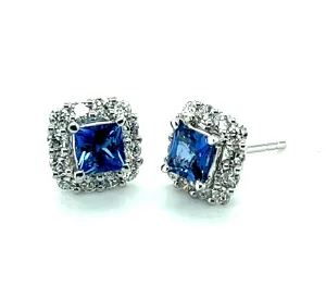 Cornflower Blue Sapphire, Diamond Pave and White Gold Stud Post Earrings