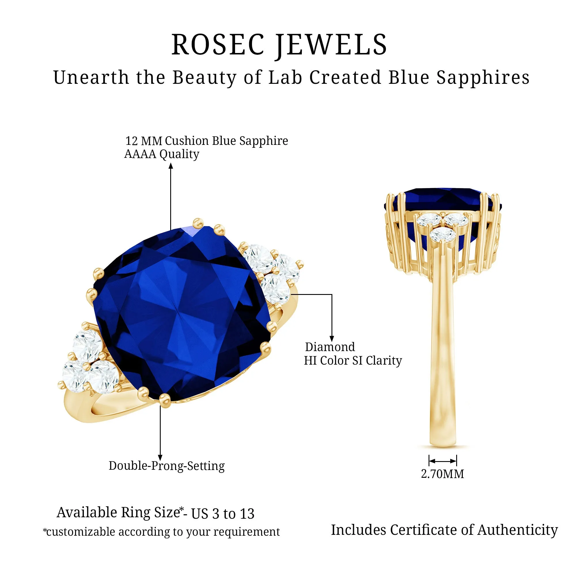 Created Blue Sapphire Solitaire Engagement Ring with Diamond Trio
