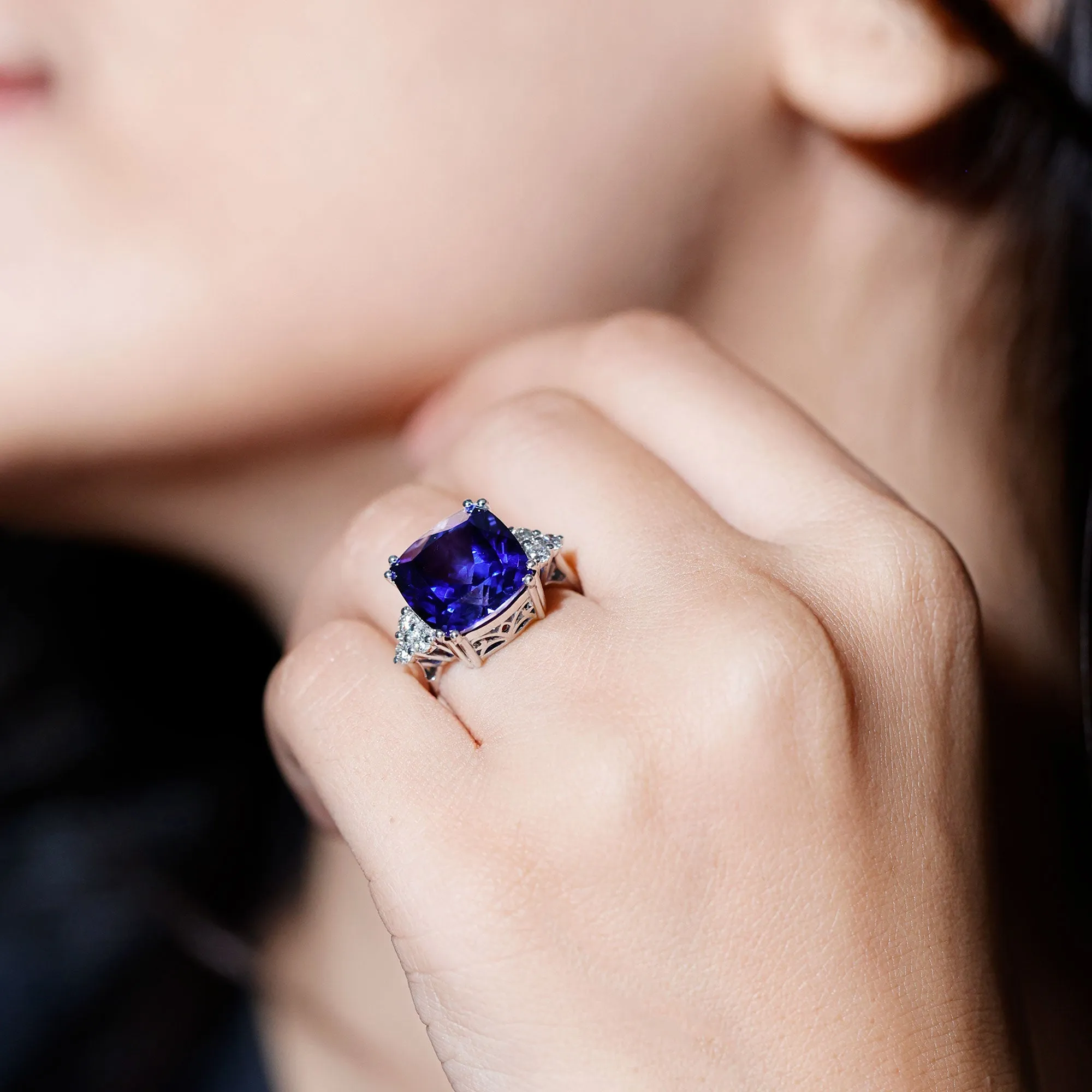 Created Blue Sapphire Solitaire Engagement Ring with Diamond Trio