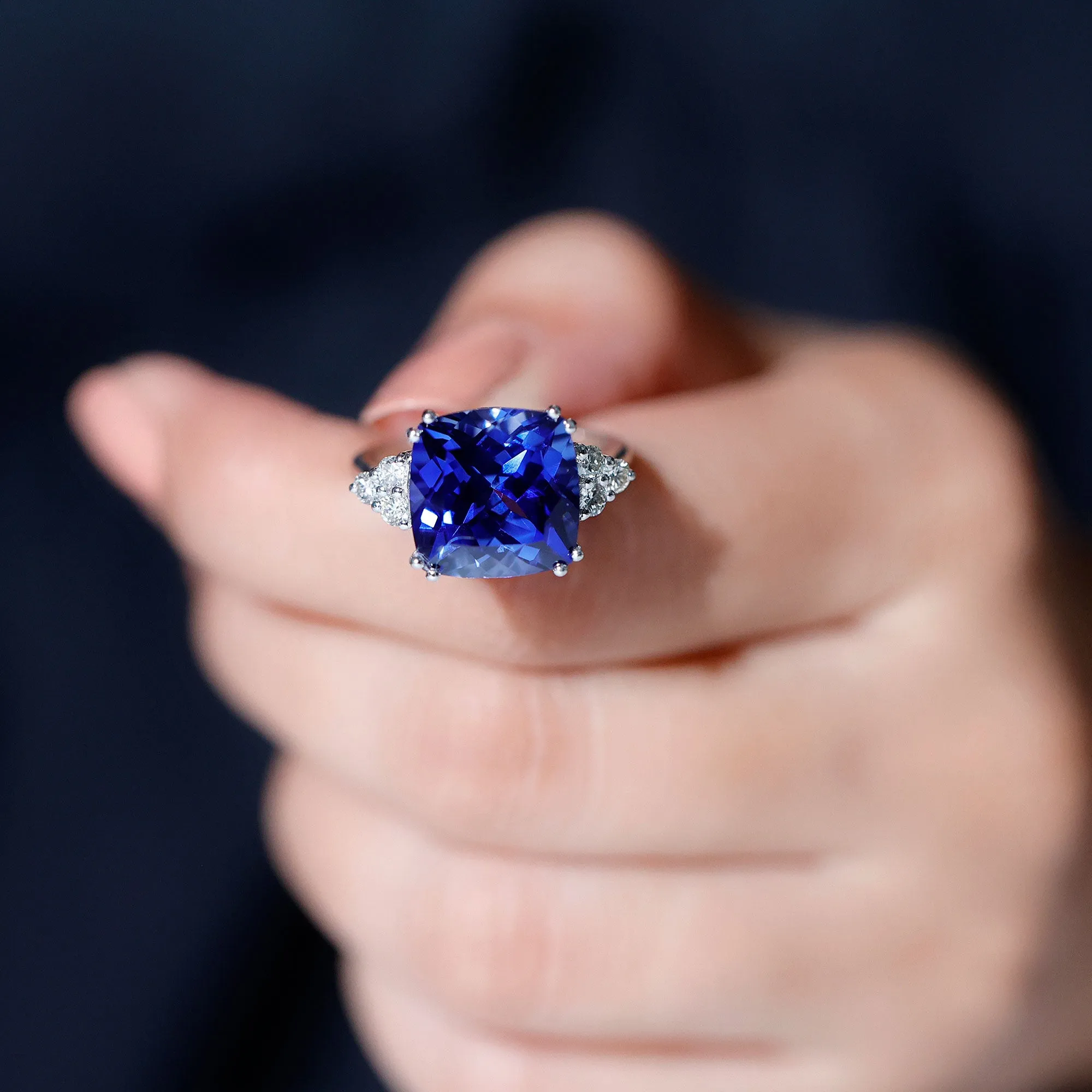 Created Blue Sapphire Solitaire Engagement Ring with Diamond Trio
