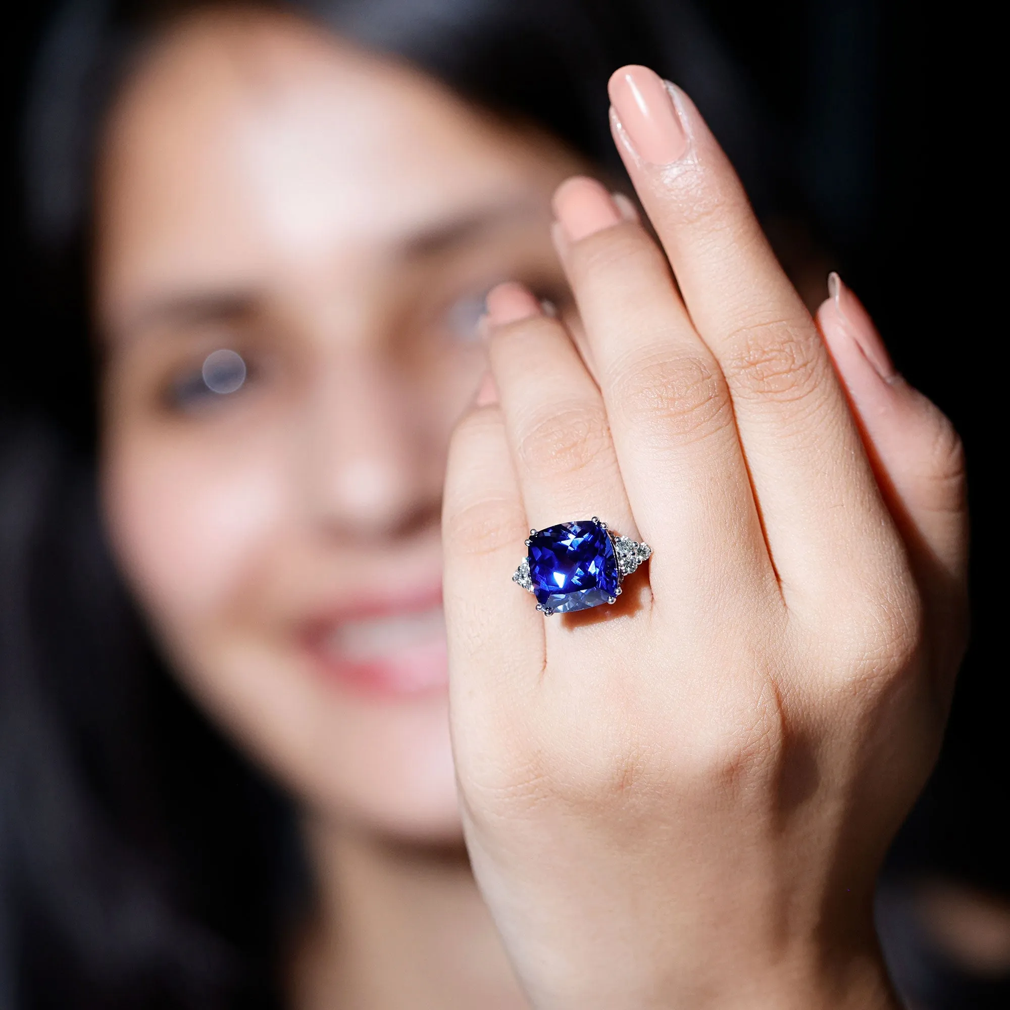 Created Blue Sapphire Solitaire Engagement Ring with Diamond Trio