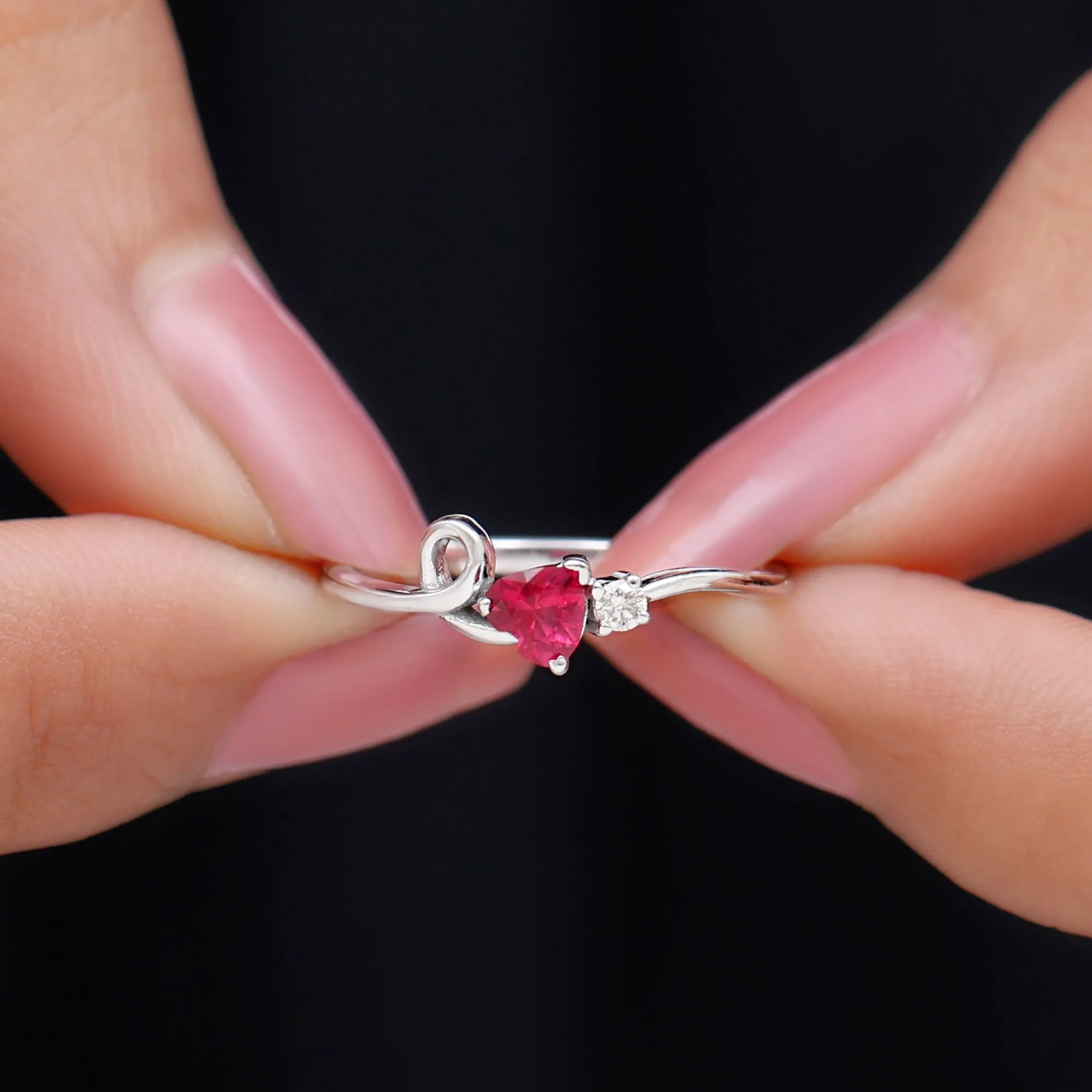 Created Ruby Heart Ring With Moissanite