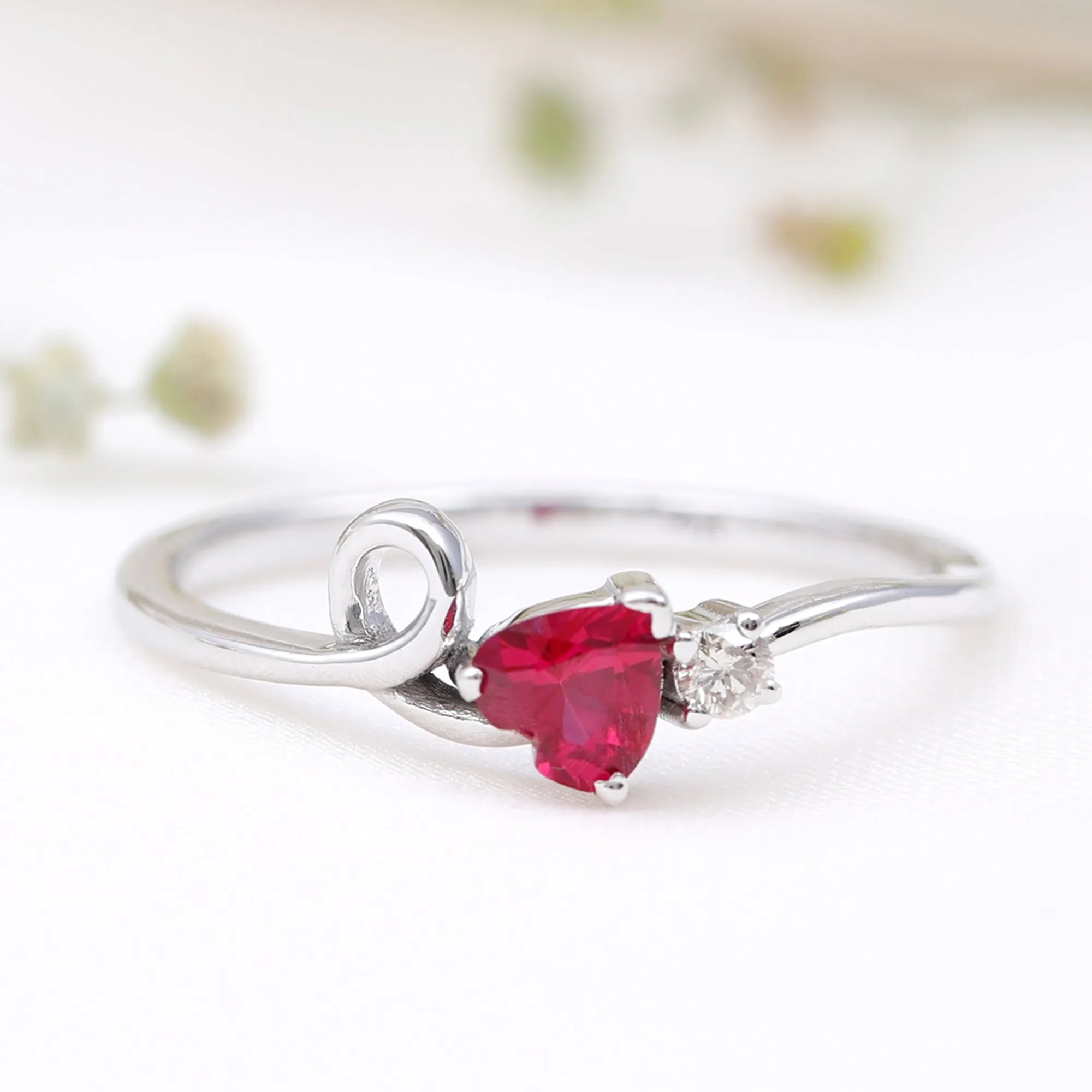 Created Ruby Heart Ring With Moissanite