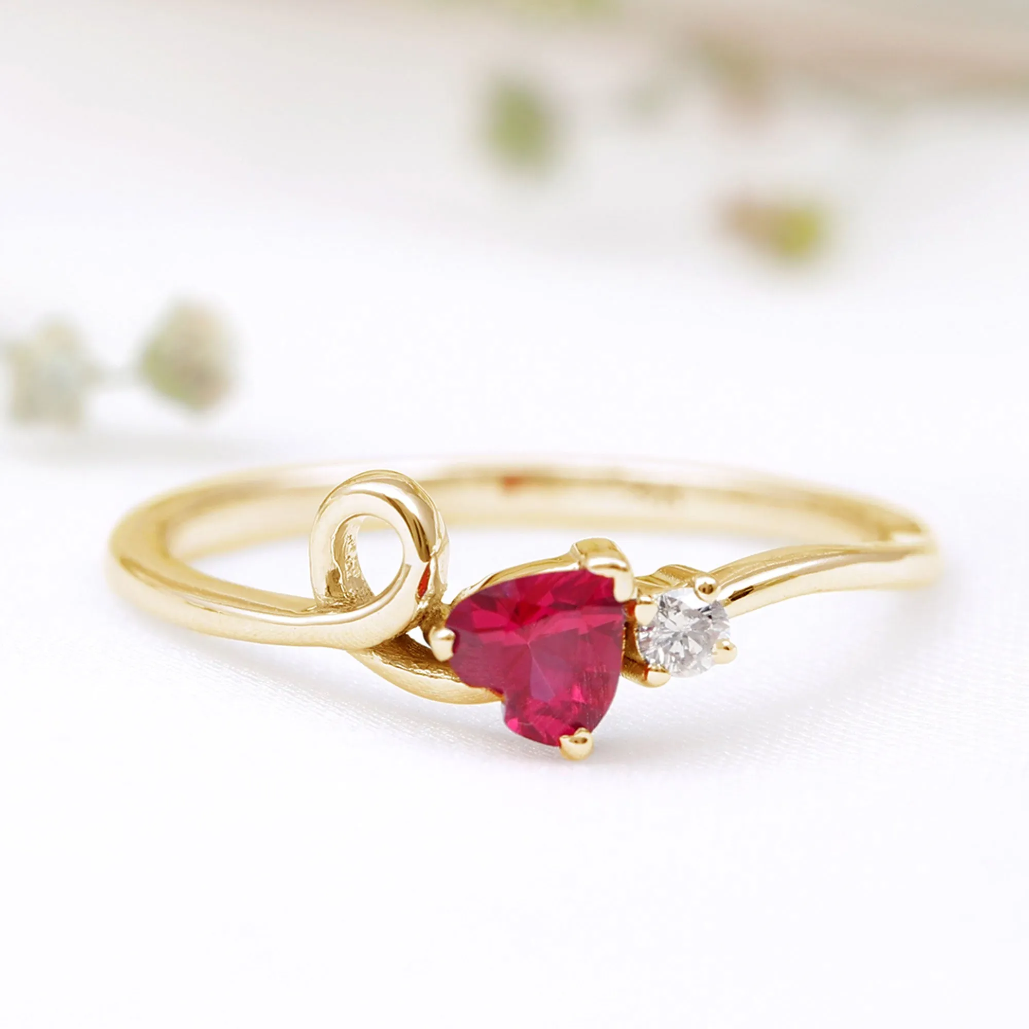 Created Ruby Heart Ring With Moissanite