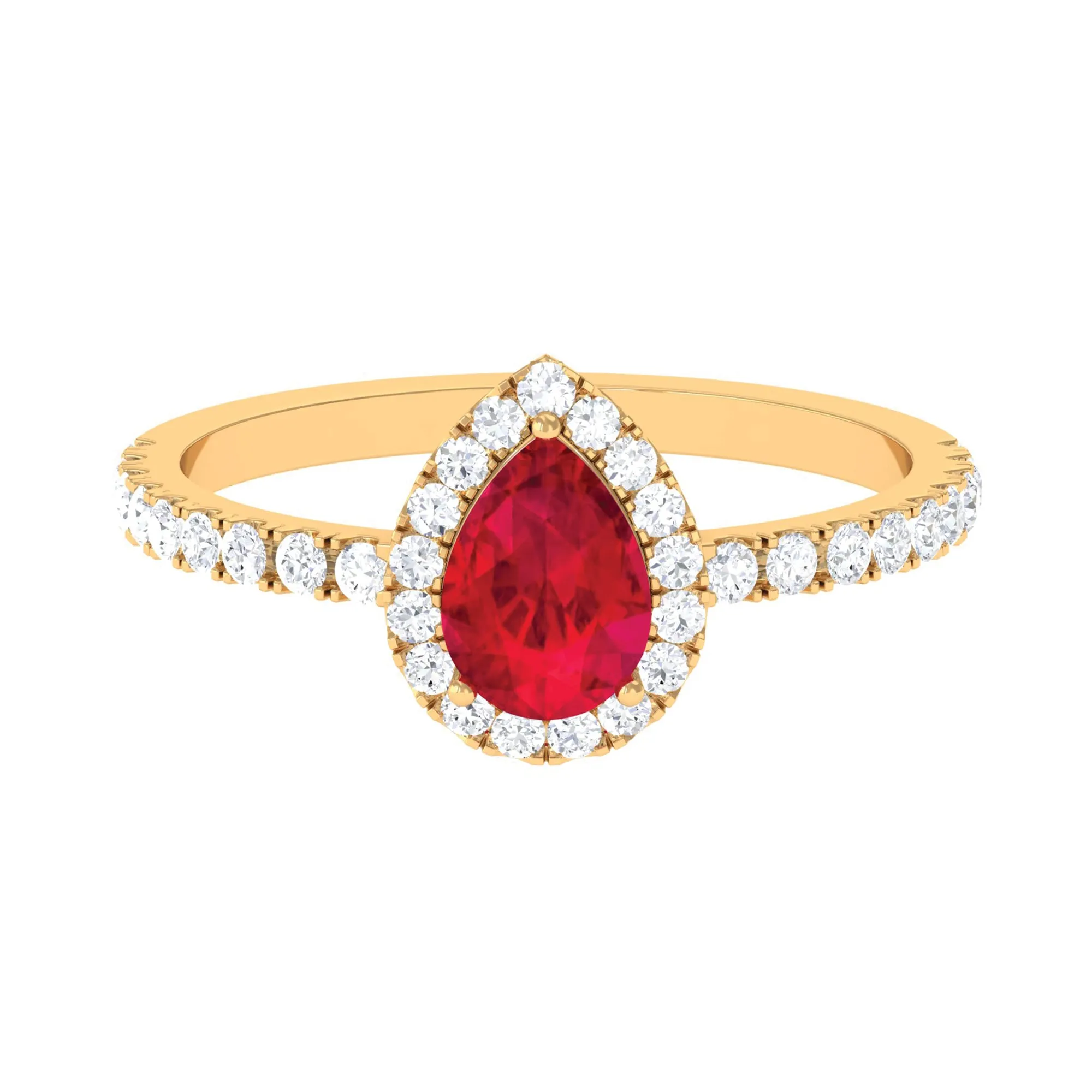 Created Ruby Teardrop Engagement Ring with Diamond Halo
