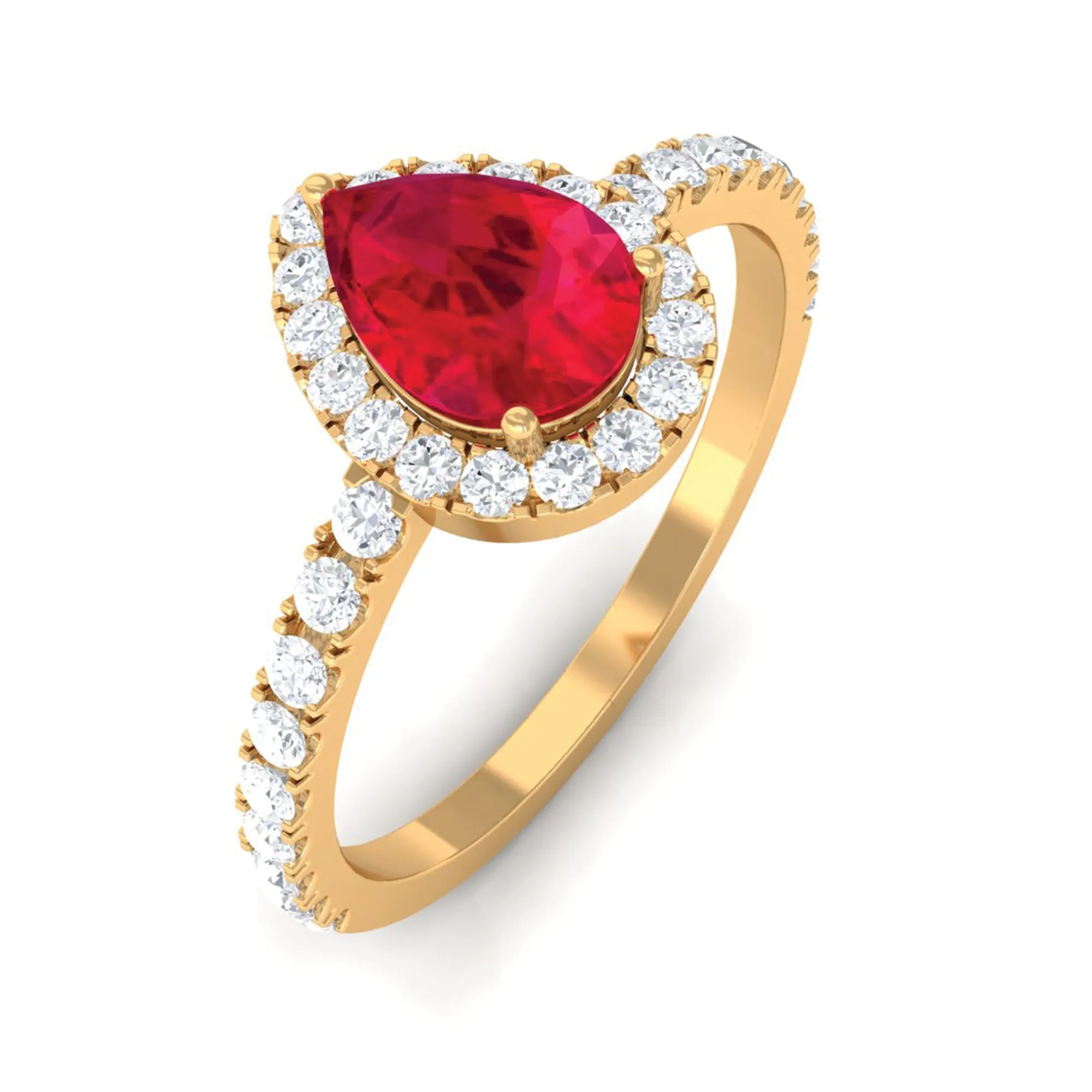 Created Ruby Teardrop Engagement Ring with Diamond Halo