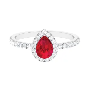 Created Ruby Teardrop Engagement Ring with Diamond Halo