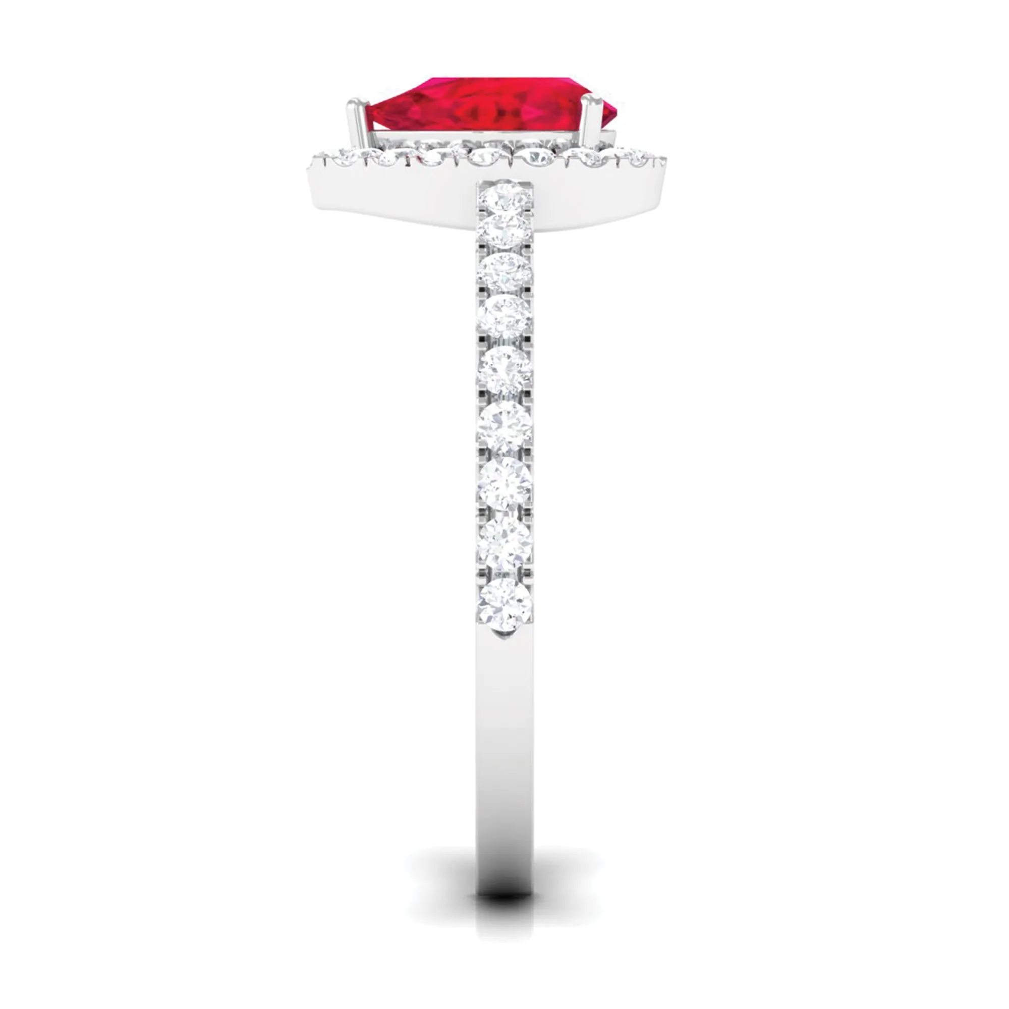 Created Ruby Teardrop Engagement Ring with Diamond Halo