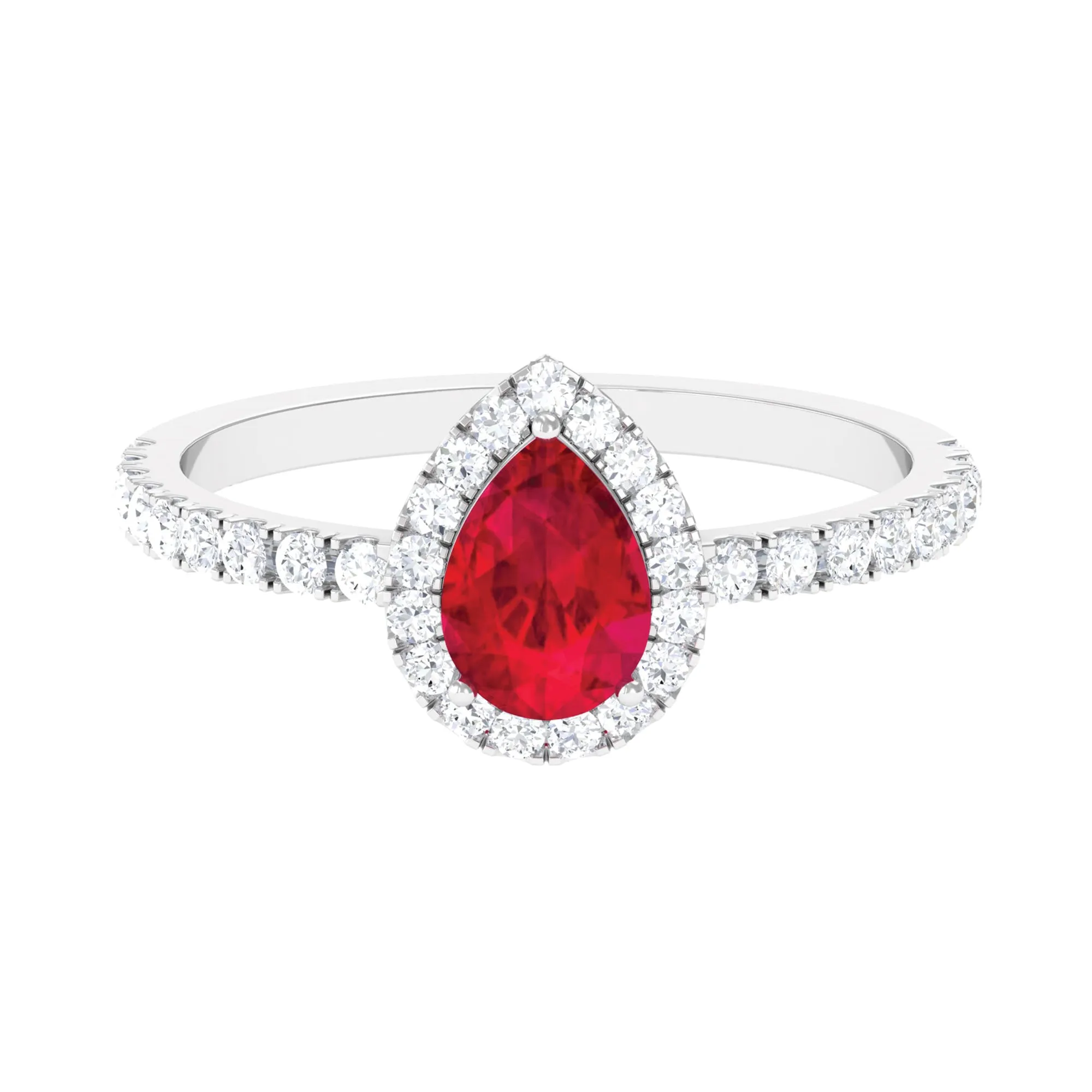 Created Ruby Teardrop Engagement Ring with Diamond Halo