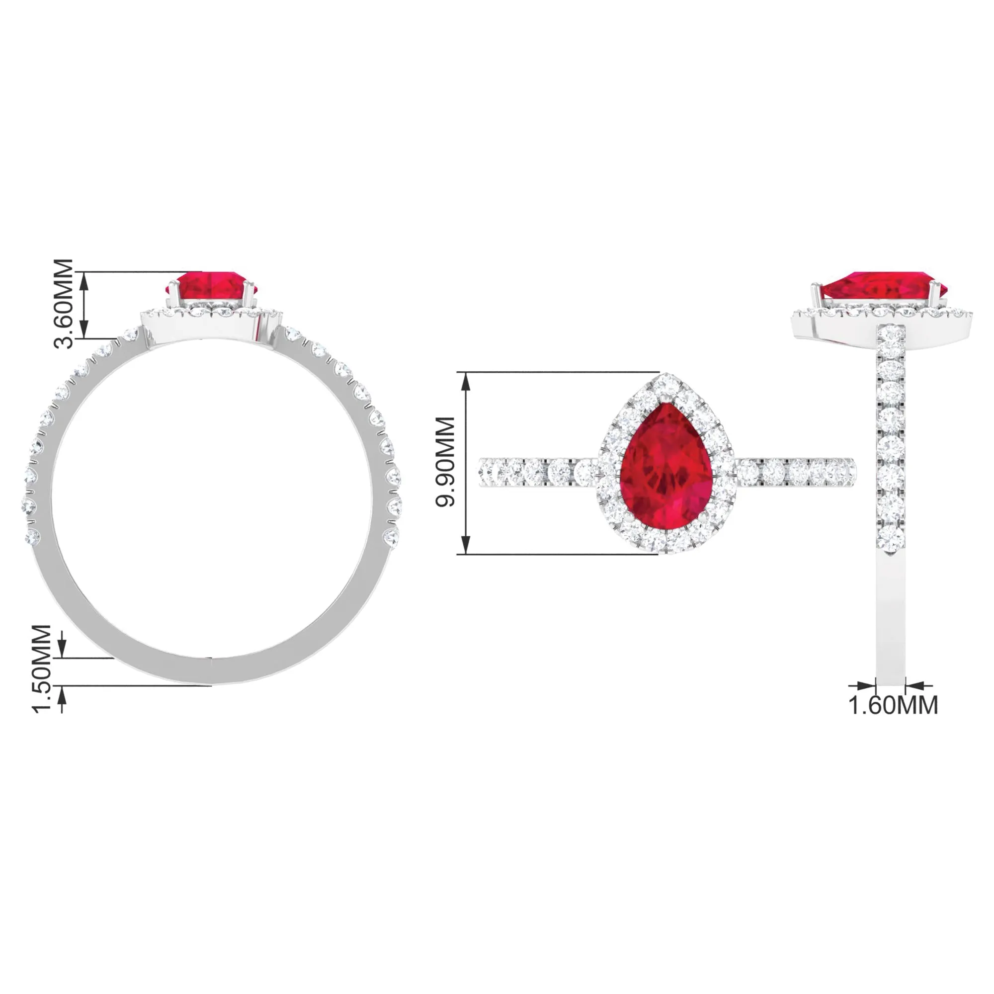 Created Ruby Teardrop Engagement Ring with Diamond Halo