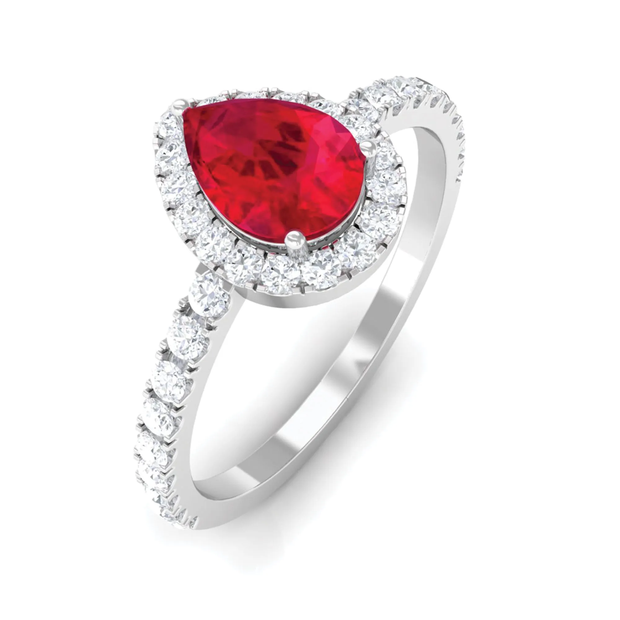 Created Ruby Teardrop Engagement Ring with Diamond Halo