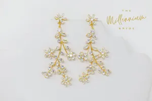 Cubic Zirconia Floral Vine Leaves Diamond Earrings, Long Bridal Earrings, Crystal Bridal Earrings, Statement Earrings, Gold Bride Earring.