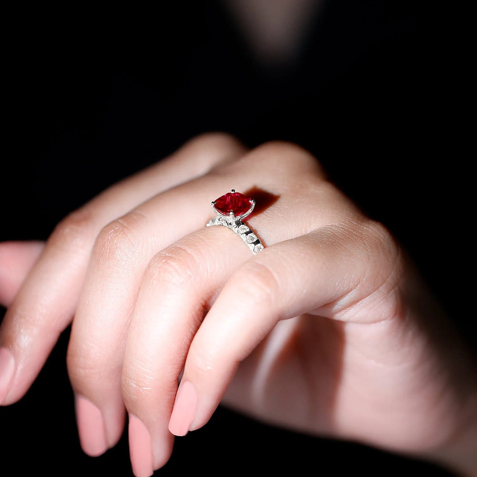 Cushion Cut Lab Grown Ruby Solitaire Ring with Diamond
