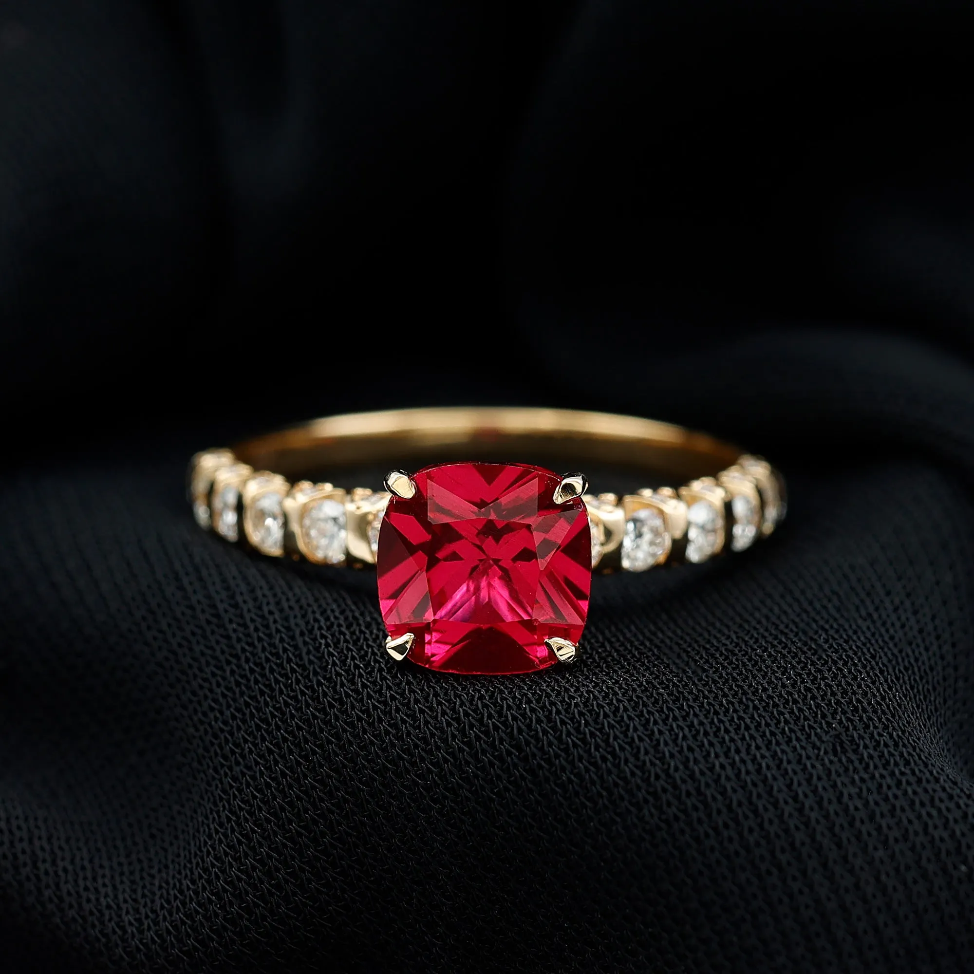 Cushion Cut Lab Grown Ruby Solitaire Ring with Diamond