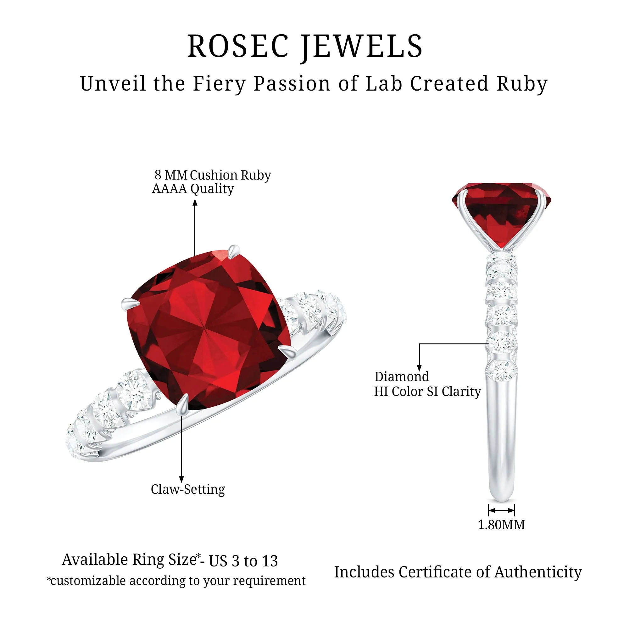 Cushion Cut Lab Grown Ruby Solitaire Ring with Diamond