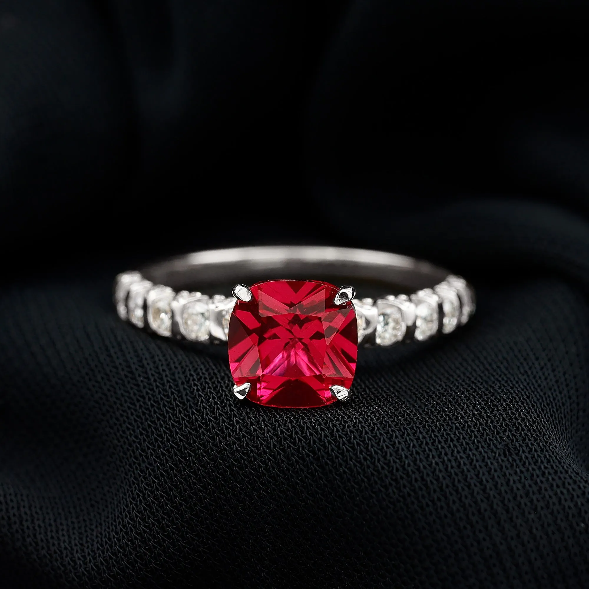 Cushion Cut Lab Grown Ruby Solitaire Ring with Diamond
