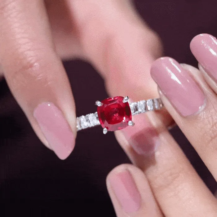 Cushion Cut Lab Grown Ruby Solitaire Ring with Diamond