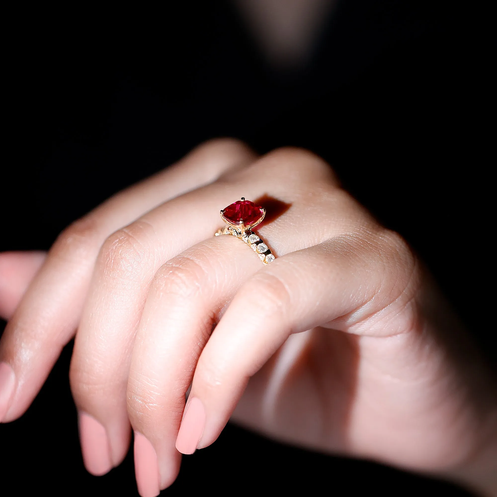 Cushion Cut Lab Grown Ruby Solitaire Ring with Diamond