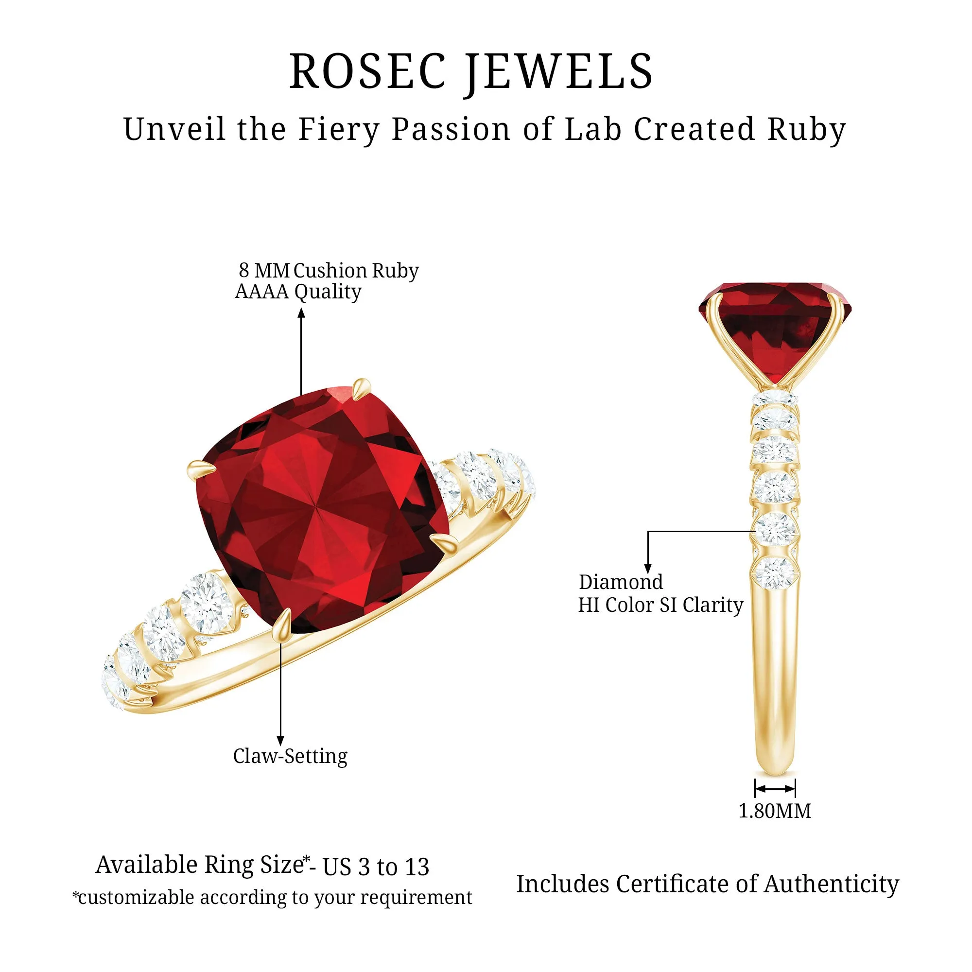 Cushion Cut Lab Grown Ruby Solitaire Ring with Diamond