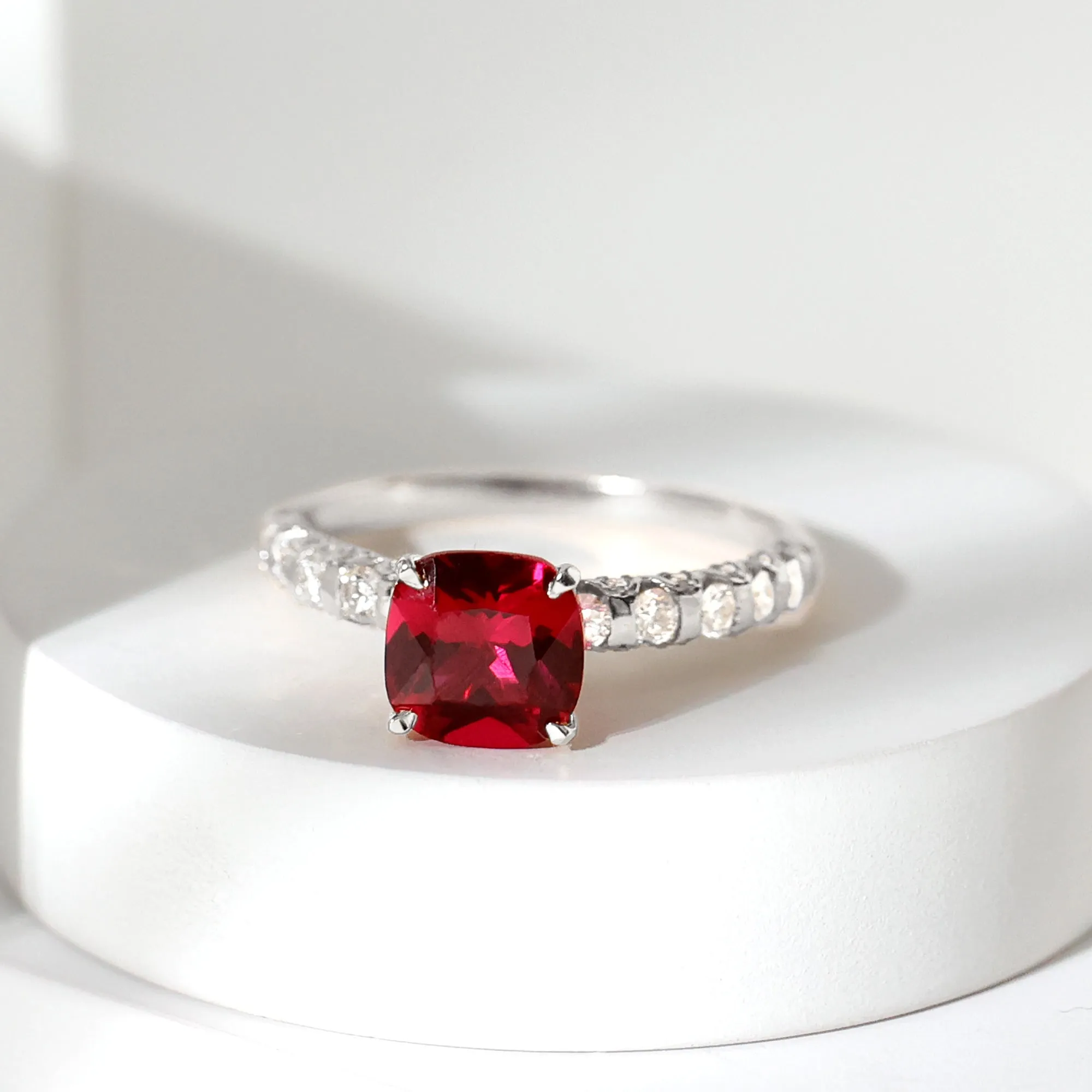 Cushion Cut Lab Grown Ruby Solitaire Ring with Diamond