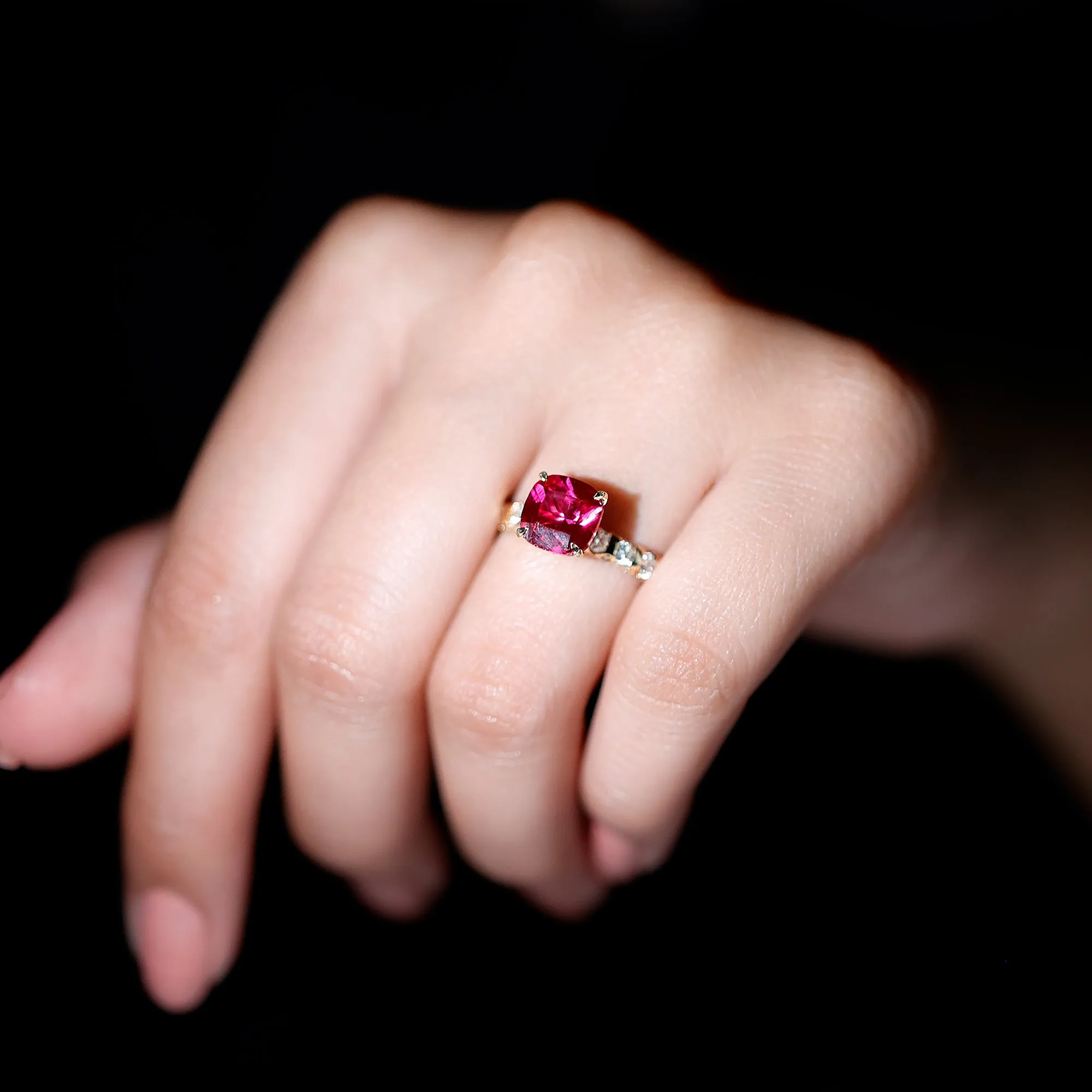Cushion Cut Lab Grown Ruby Solitaire Ring with Diamond