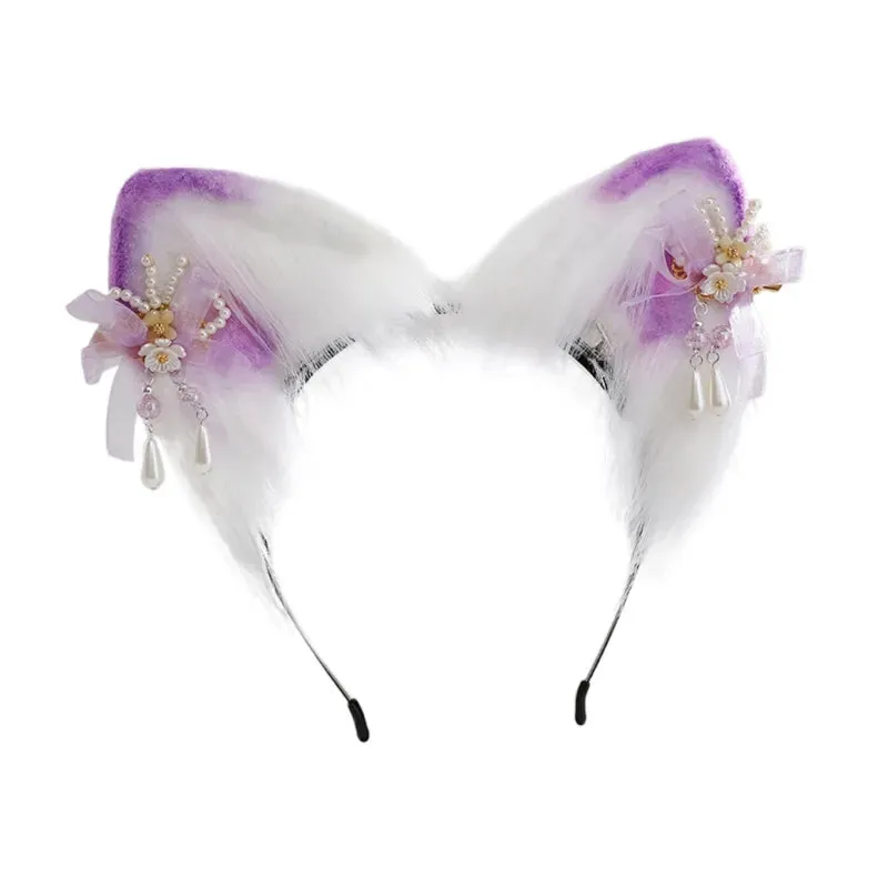Cute Cat Ear Cosplay Hair Hoop with Flower Hairpin Woman Teens Headband for Live Broadcast Cartoon Carnivals Hairband