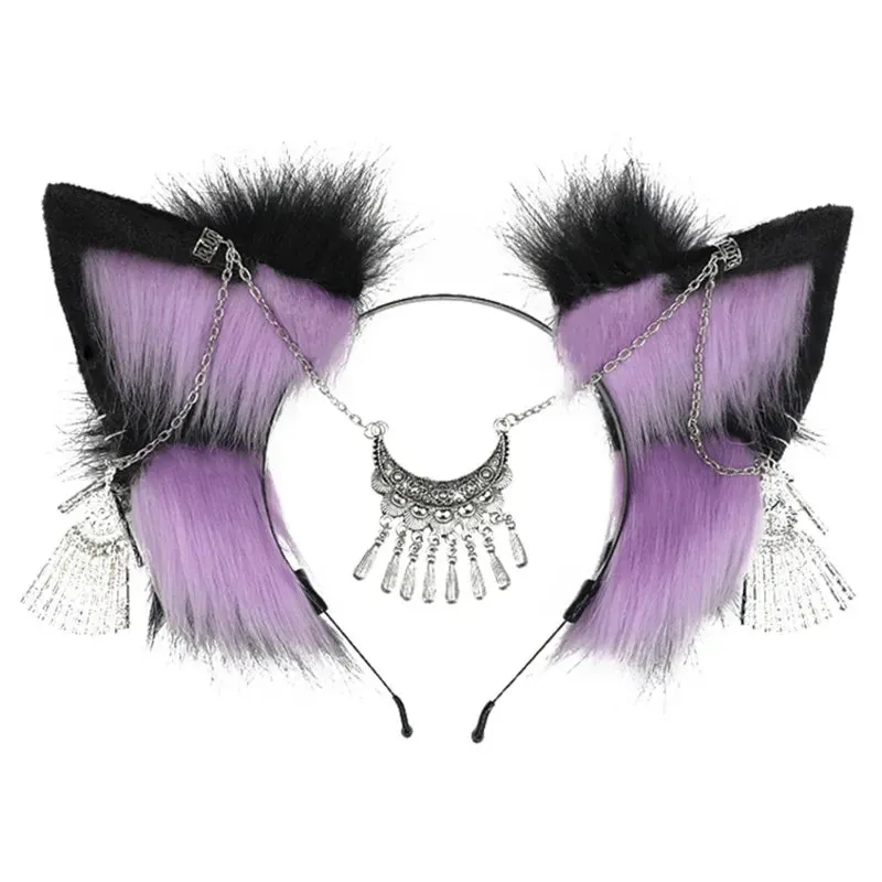 Cute Cat Ear Cosplay Hair Hoop with Flower Hairpin Woman Teens Headband for Live Broadcast Cartoon Carnivals Hairband